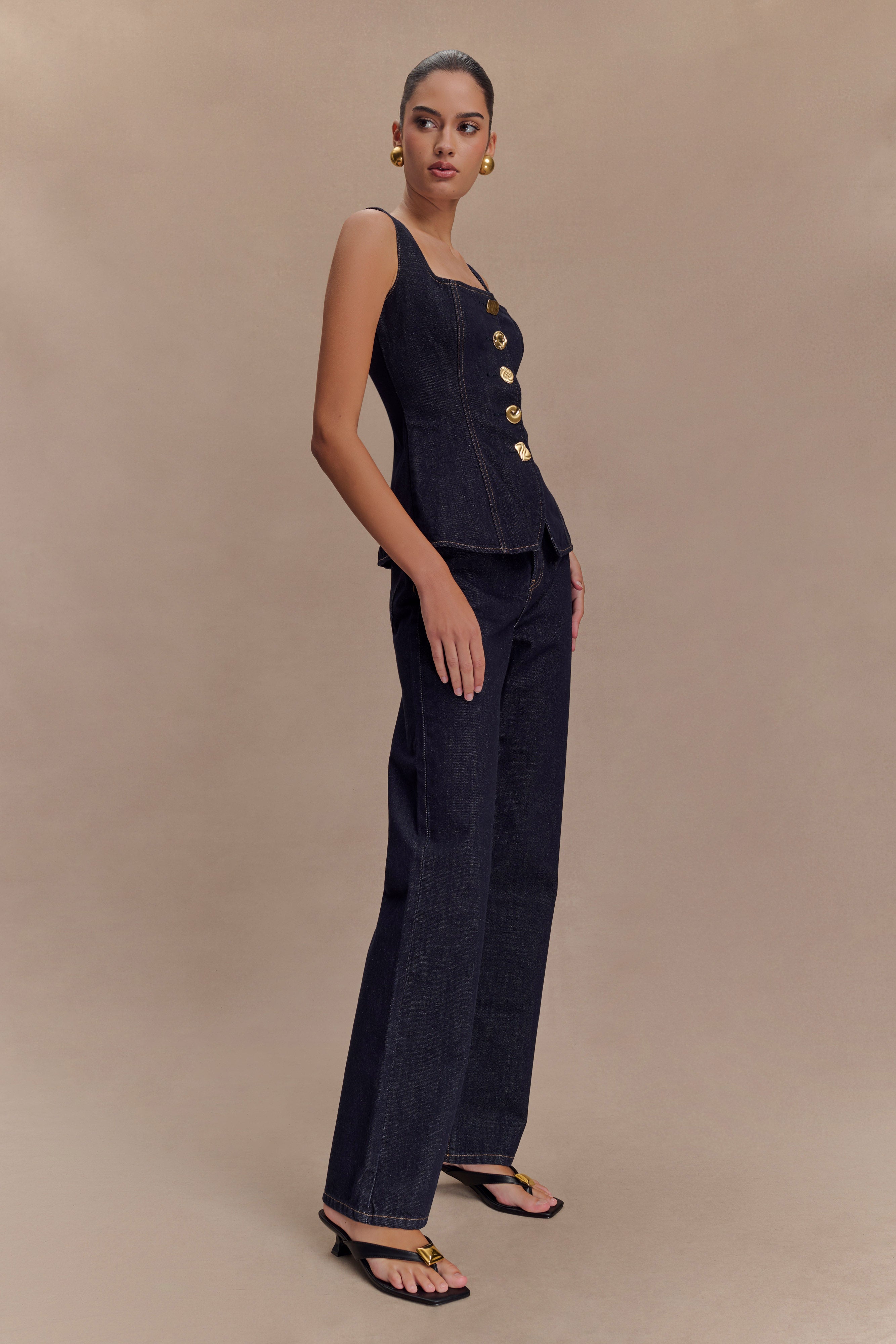 Neve Sleeveless Buttoned Denim Top - Washed Indigo Blue - Image 5