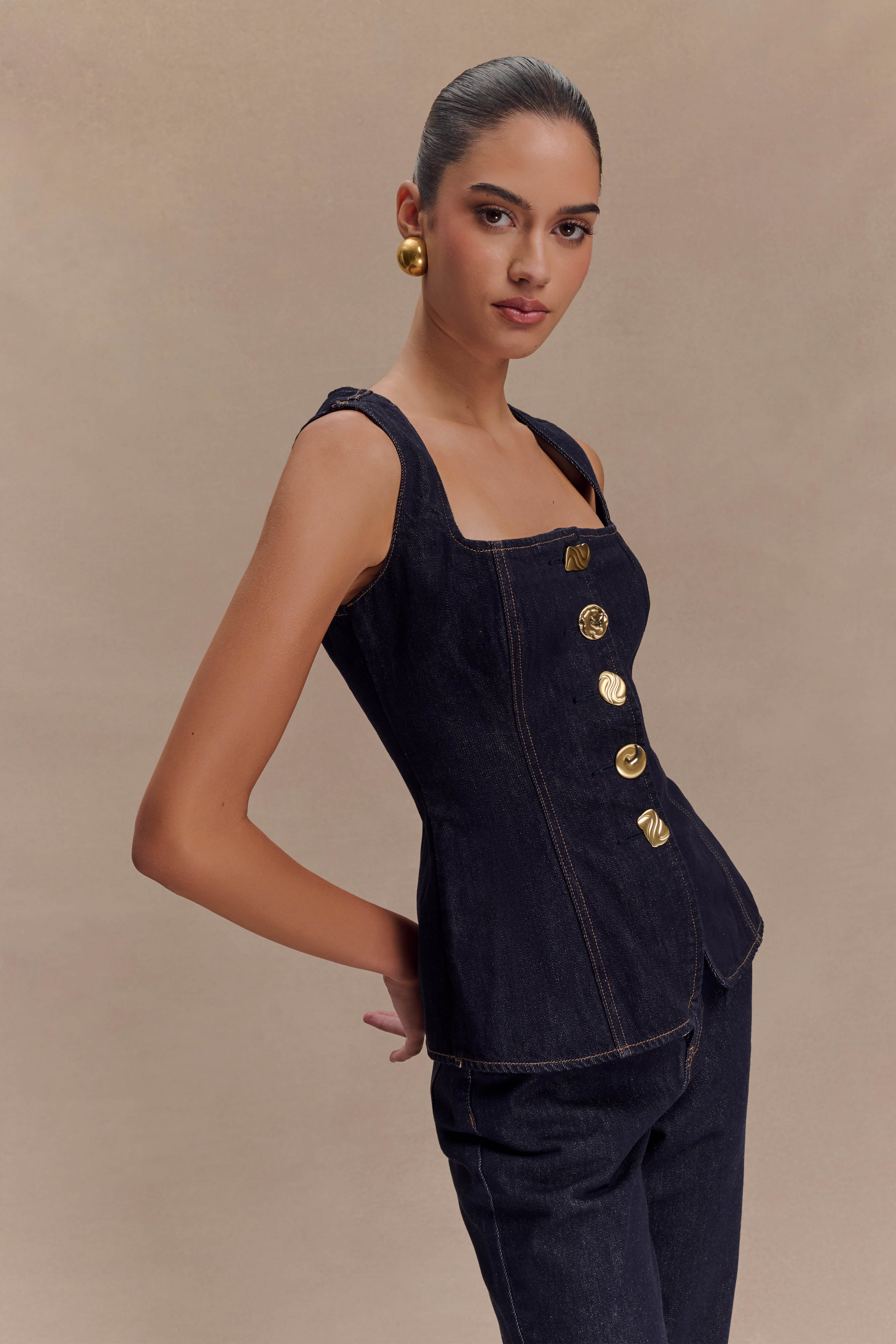 Neve Sleeveless Buttoned Denim Top - Washed Indigo Blue - Image 3