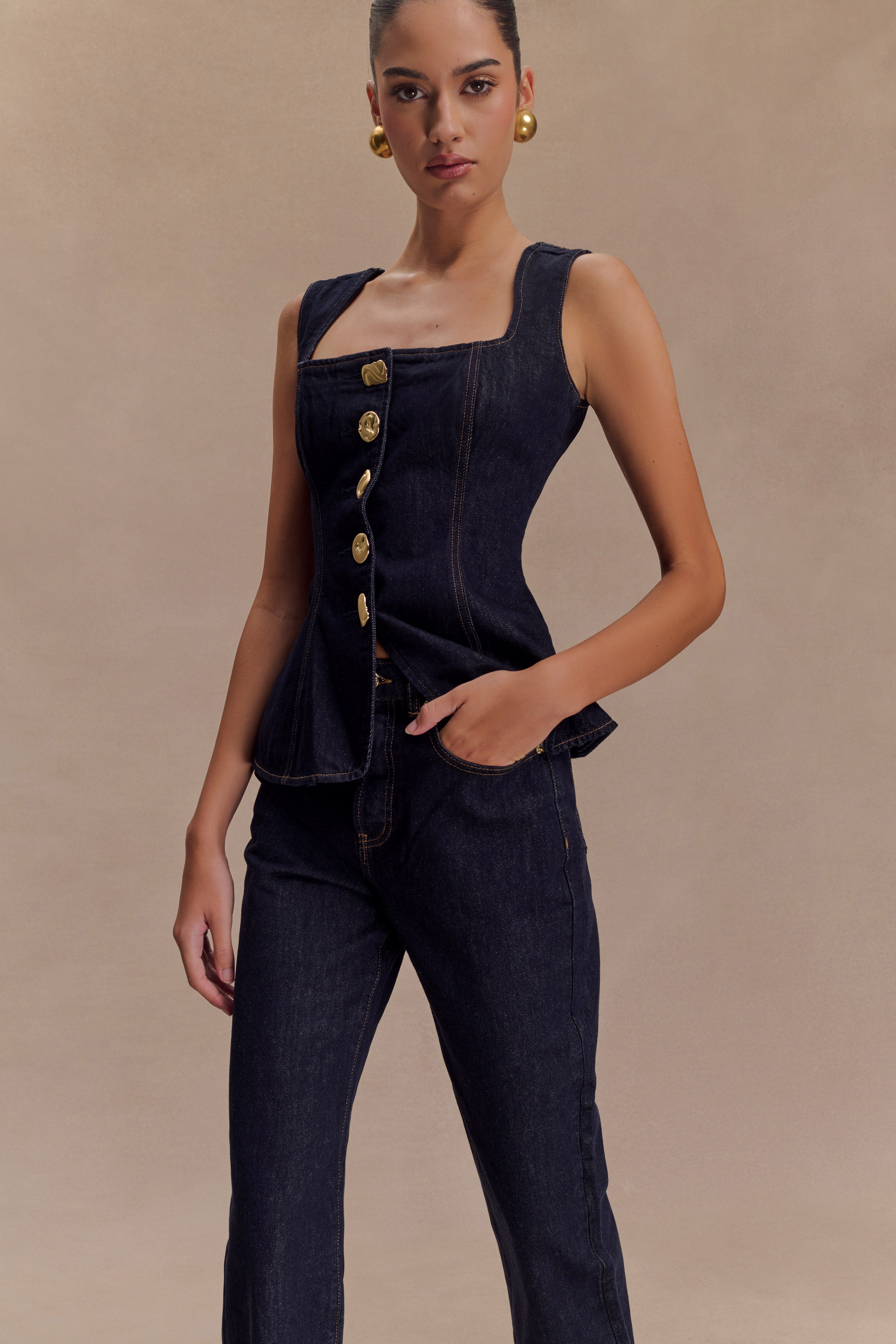 Neve Sleeveless Buttoned Denim Top - Washed Indigo Blue - Image 4
