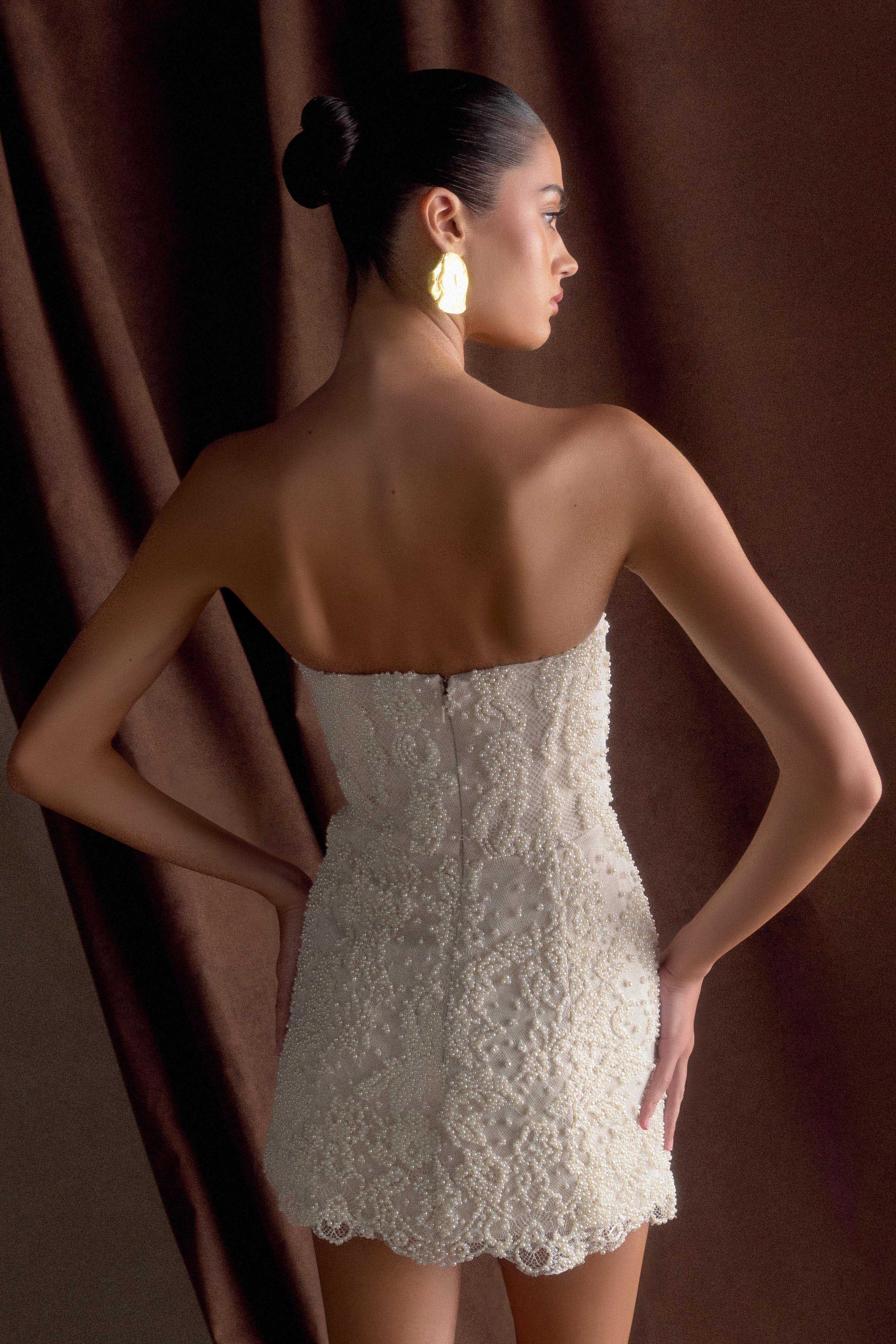 Alternative view of Eva Hand Beaded Pearl & Lace Mini Dress - White