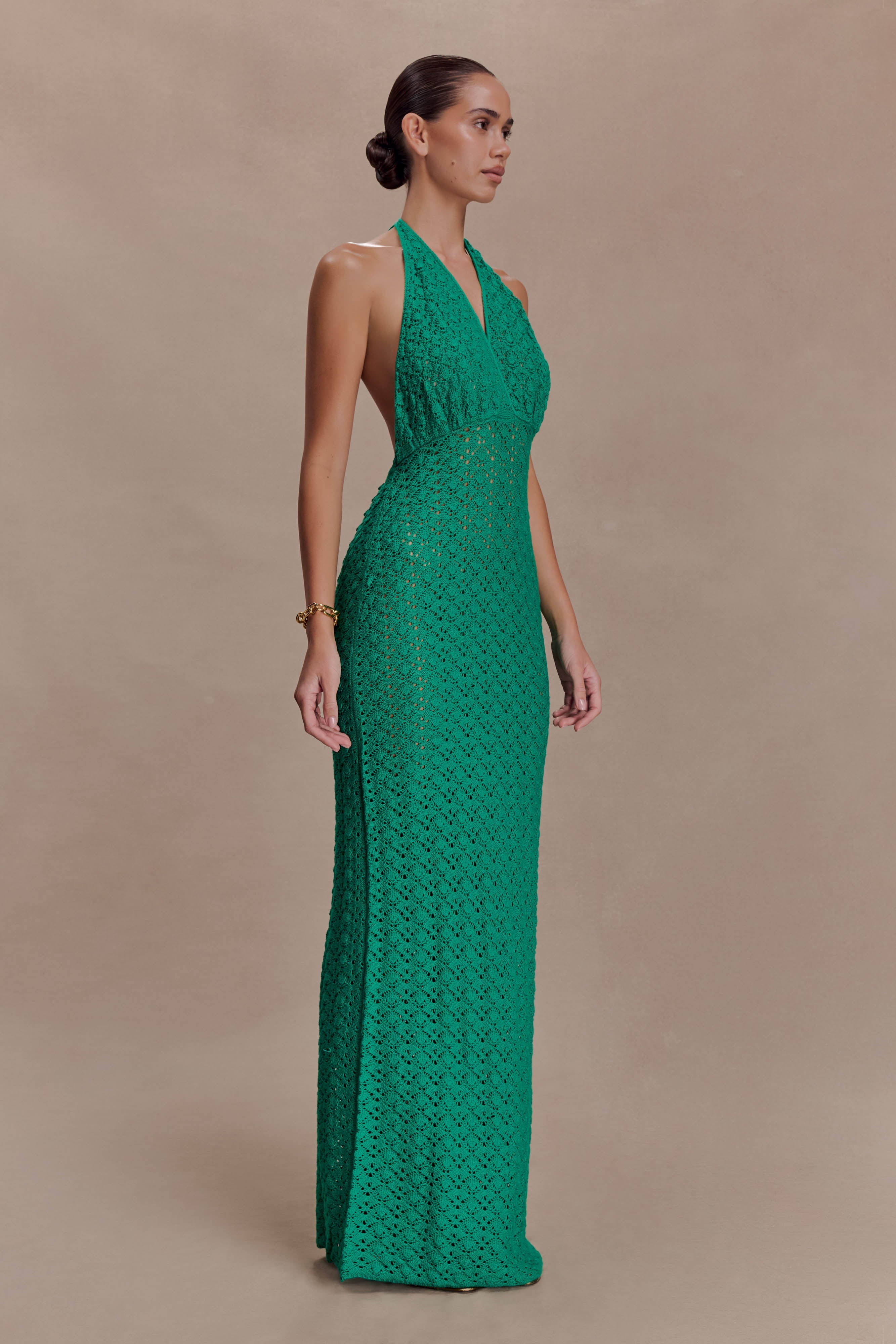 Deeliah Halterneck Crochet Maxi Dress - Emerald - Image 3