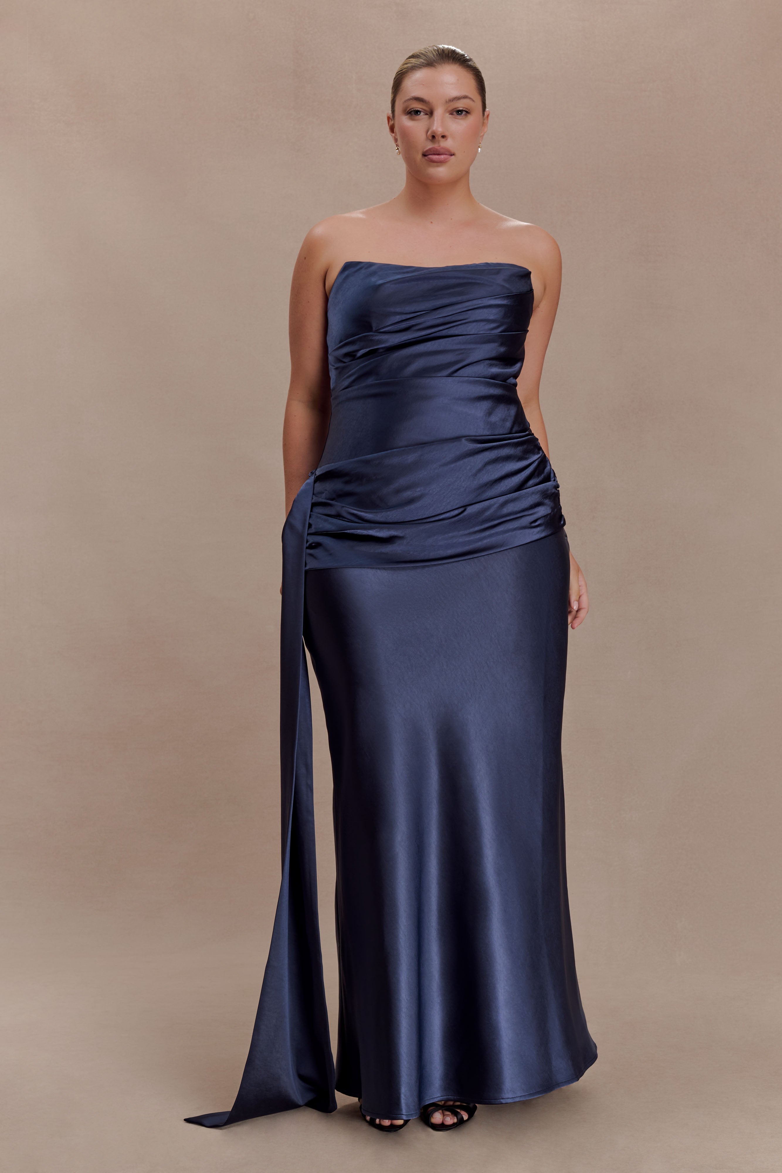 Sarah Strapless Maxi Dress With Waist Tie - Navy - Image 4