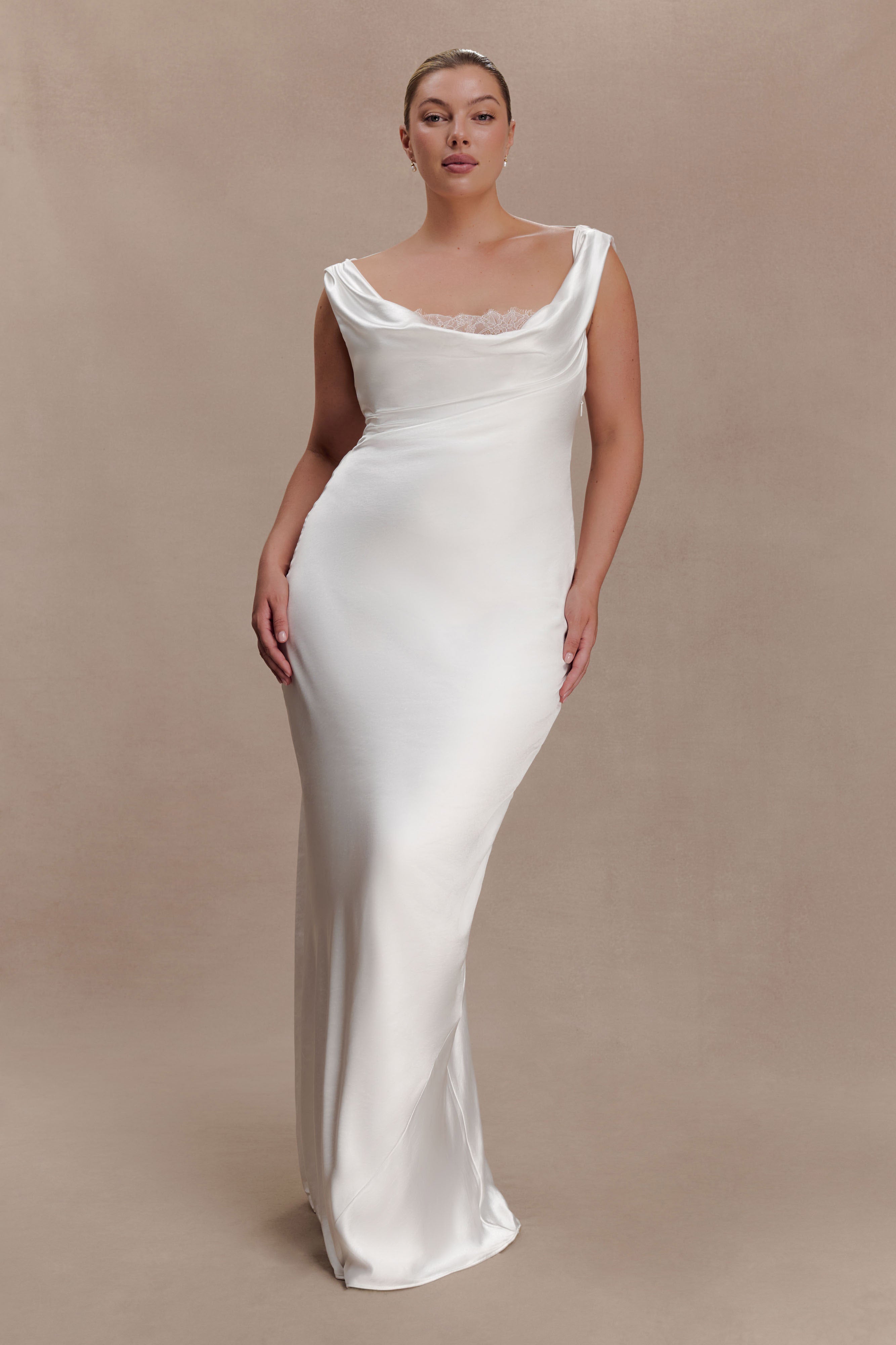 Alternative view of Ashley Cowl Neck Lace And Satin Maxi Dress - Ivory