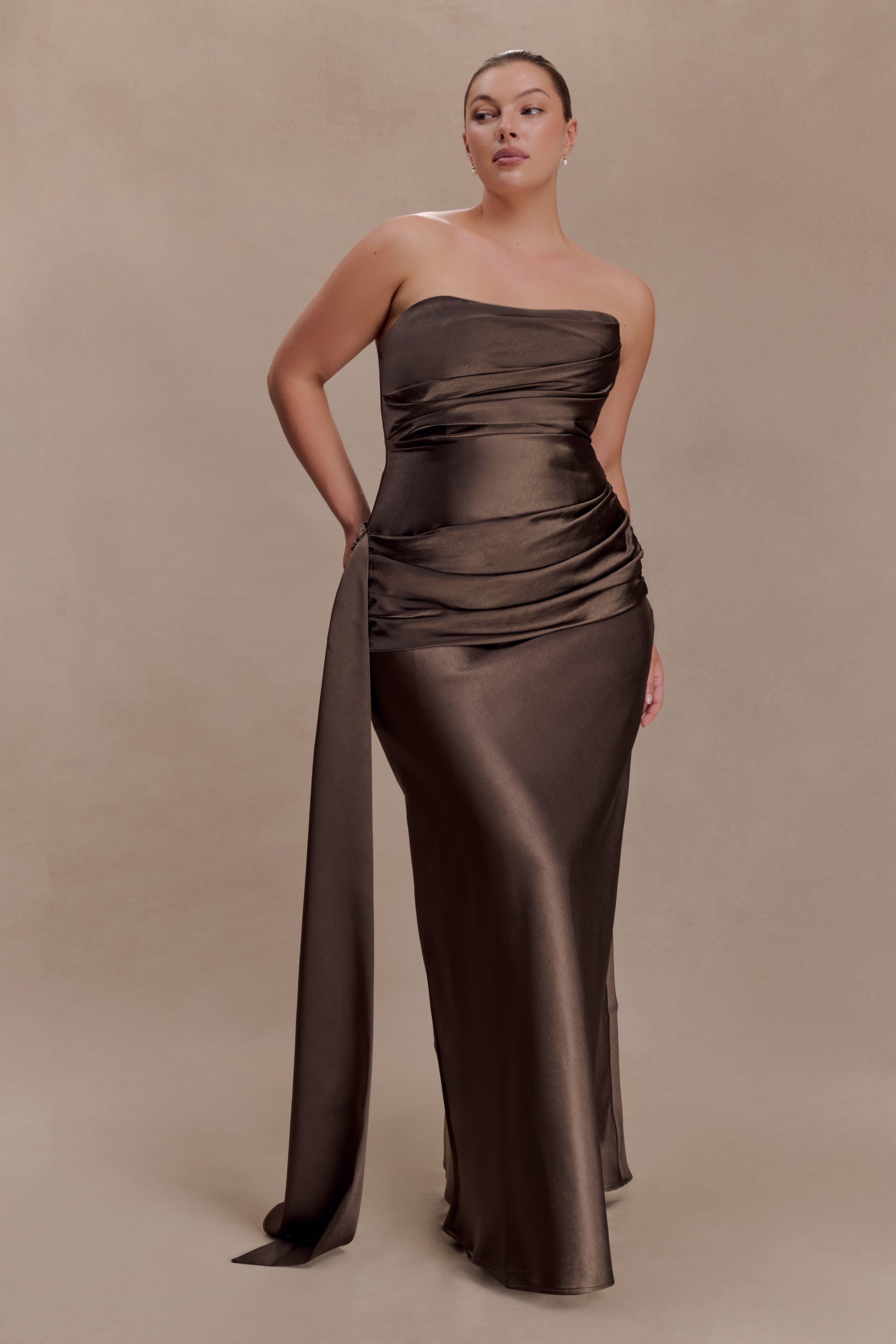 Sarah Strapless Maxi Dress With Waist Tie - Mocha - Image 4
