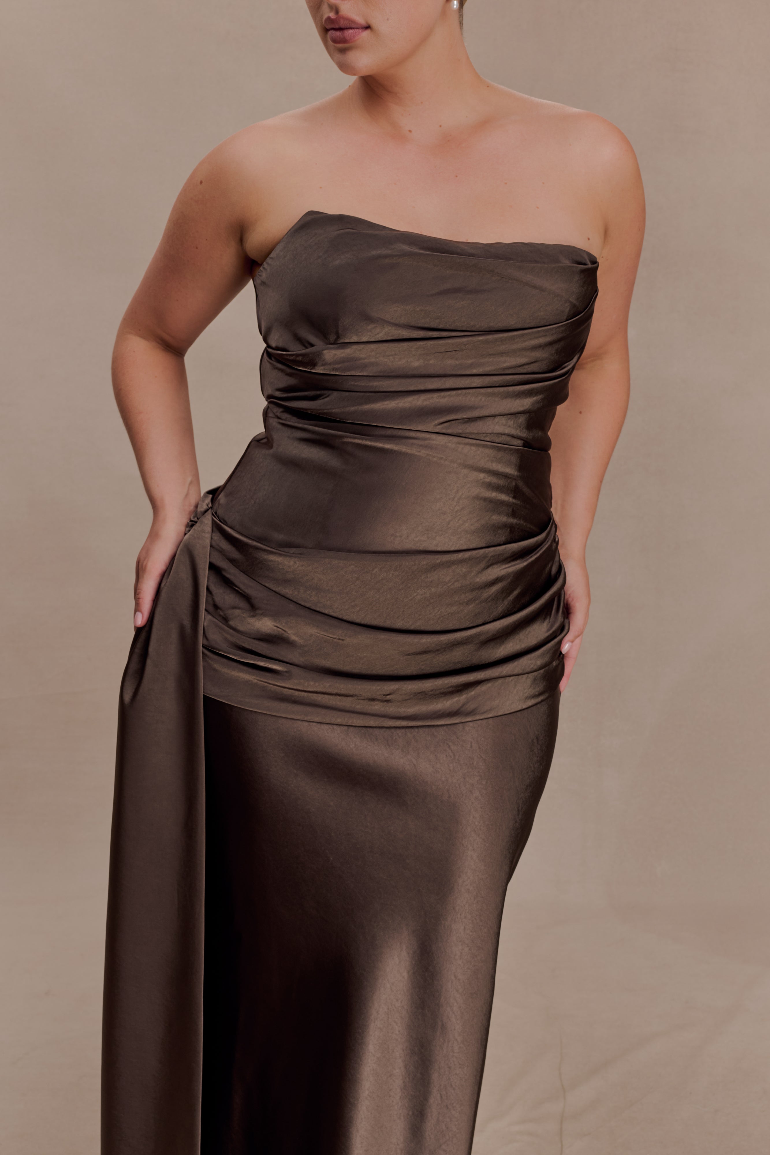 Sarah Strapless Maxi Dress With Waist Tie - Mocha - Image 3