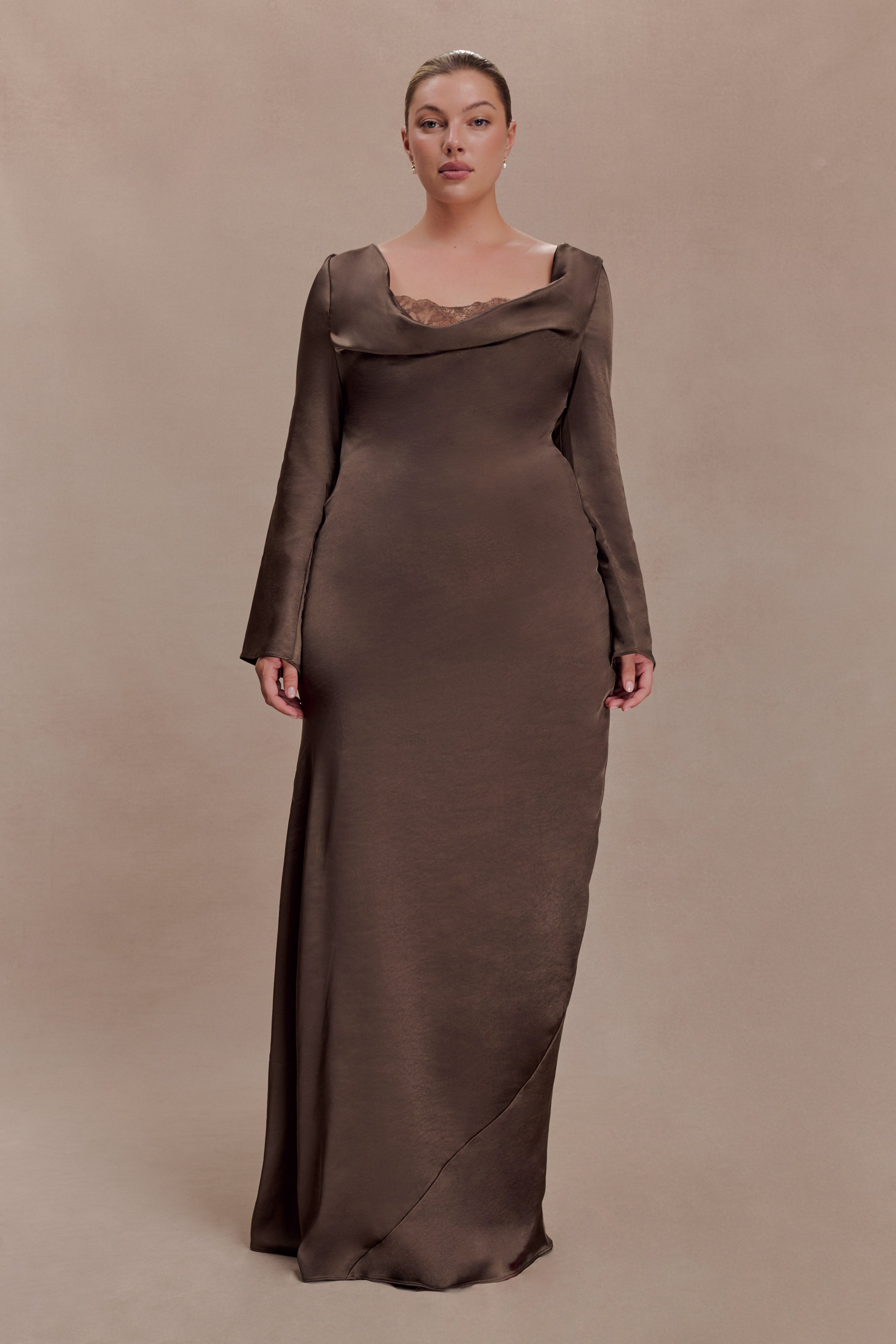 Alternative view of Eliza Long Sleeve Cowl Lace And Satin Maxi Dress - Mocha