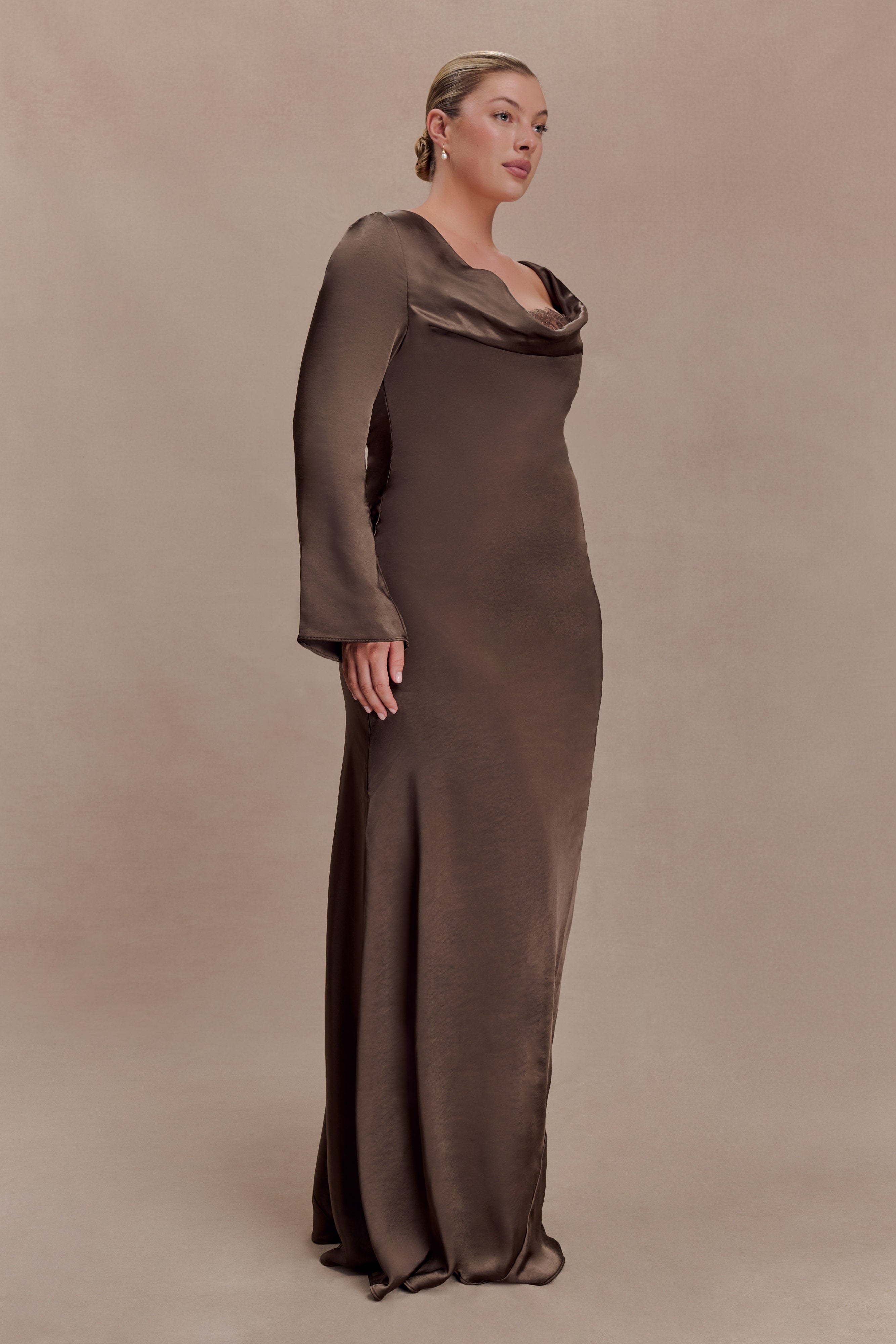 Eliza Long Sleeve Cowl Lace And Satin Maxi Dress - Mocha - Image 7