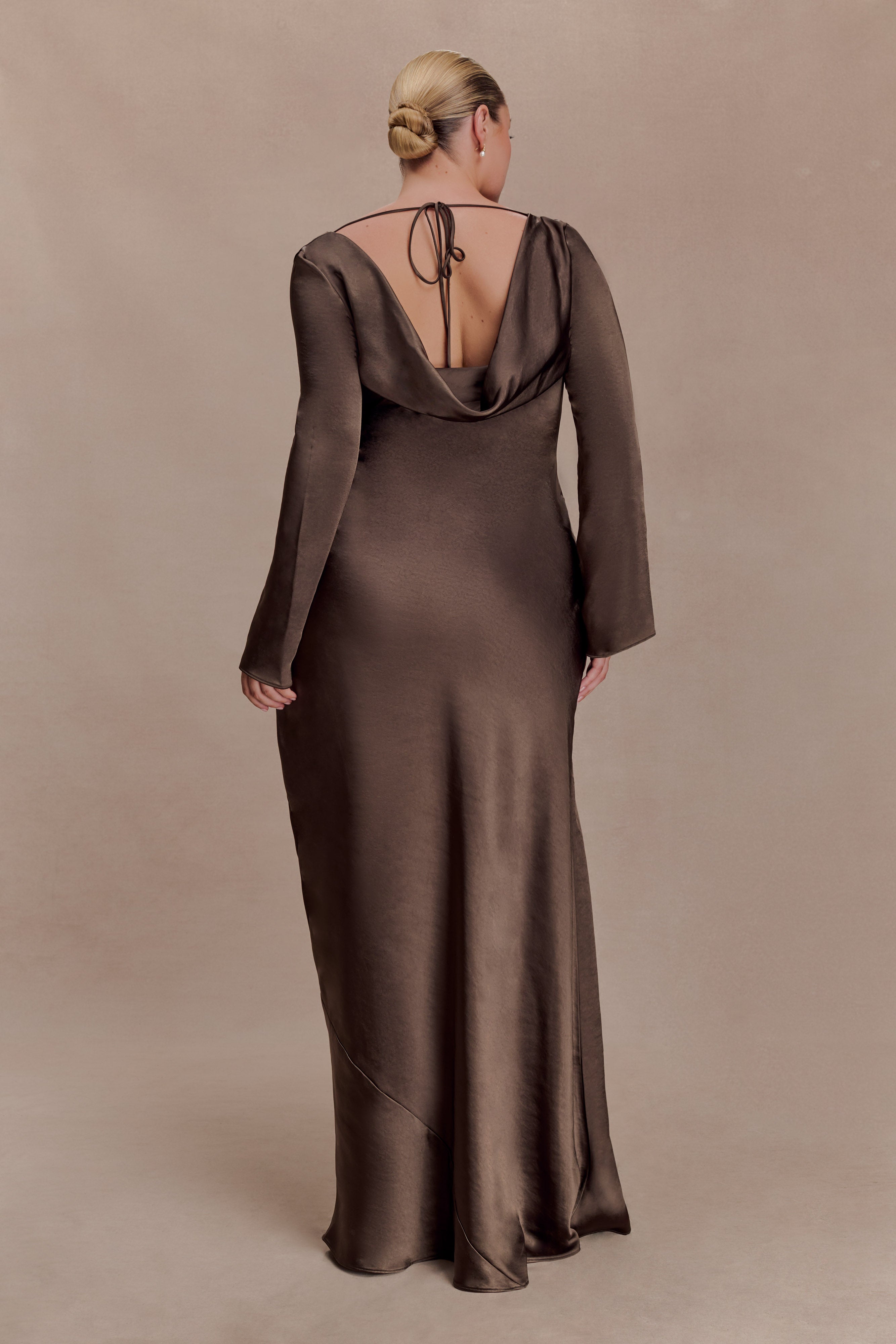 Eliza Long Sleeve Cowl Lace And Satin Maxi Dress - Mocha - Image 3