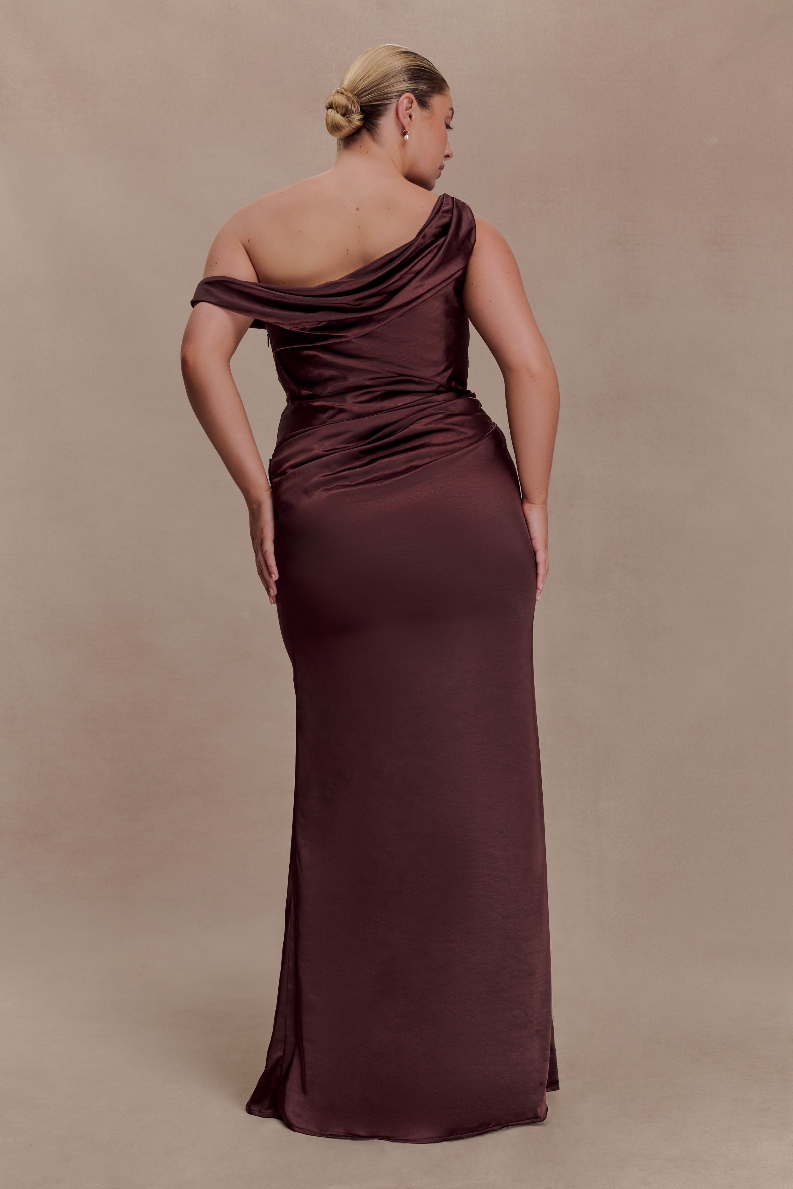Alternative view of Dalia Off Shoulder Satin Maxi Dress - Dark Chocolate