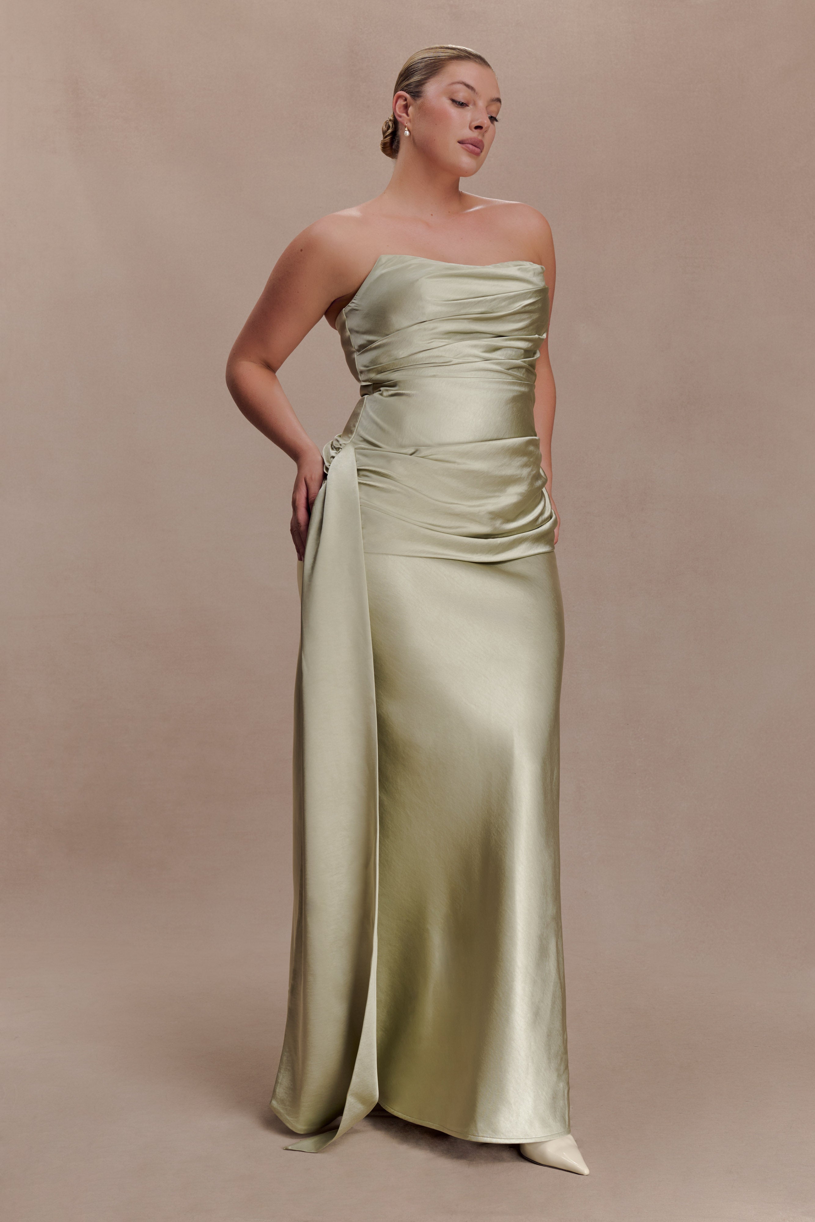 Sarah Strapless Maxi Dress With Waist Tie - Sage - Image 4