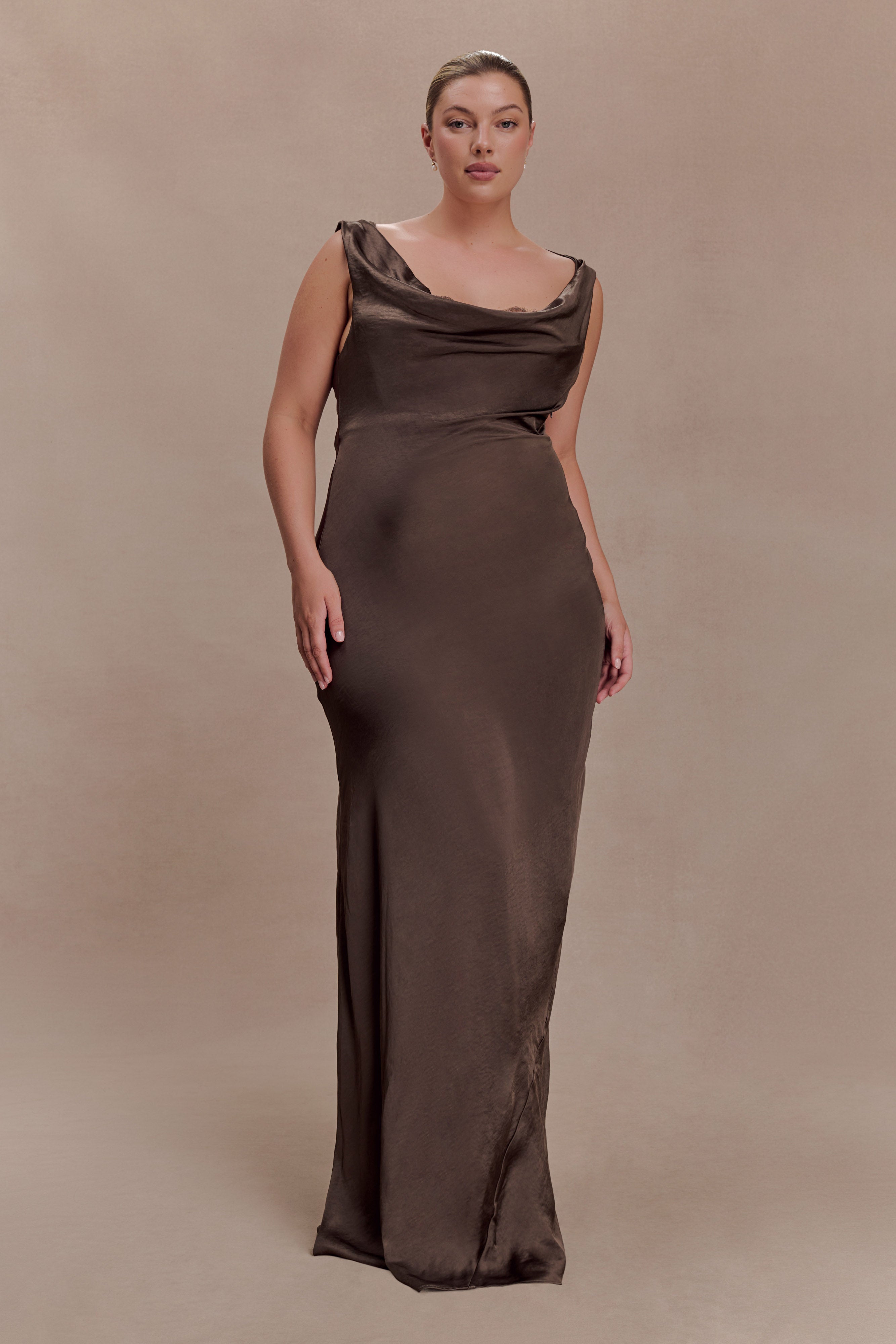 Alternative view of Ashley Cowl Neck Lace And Satin Maxi Dress - Mocha