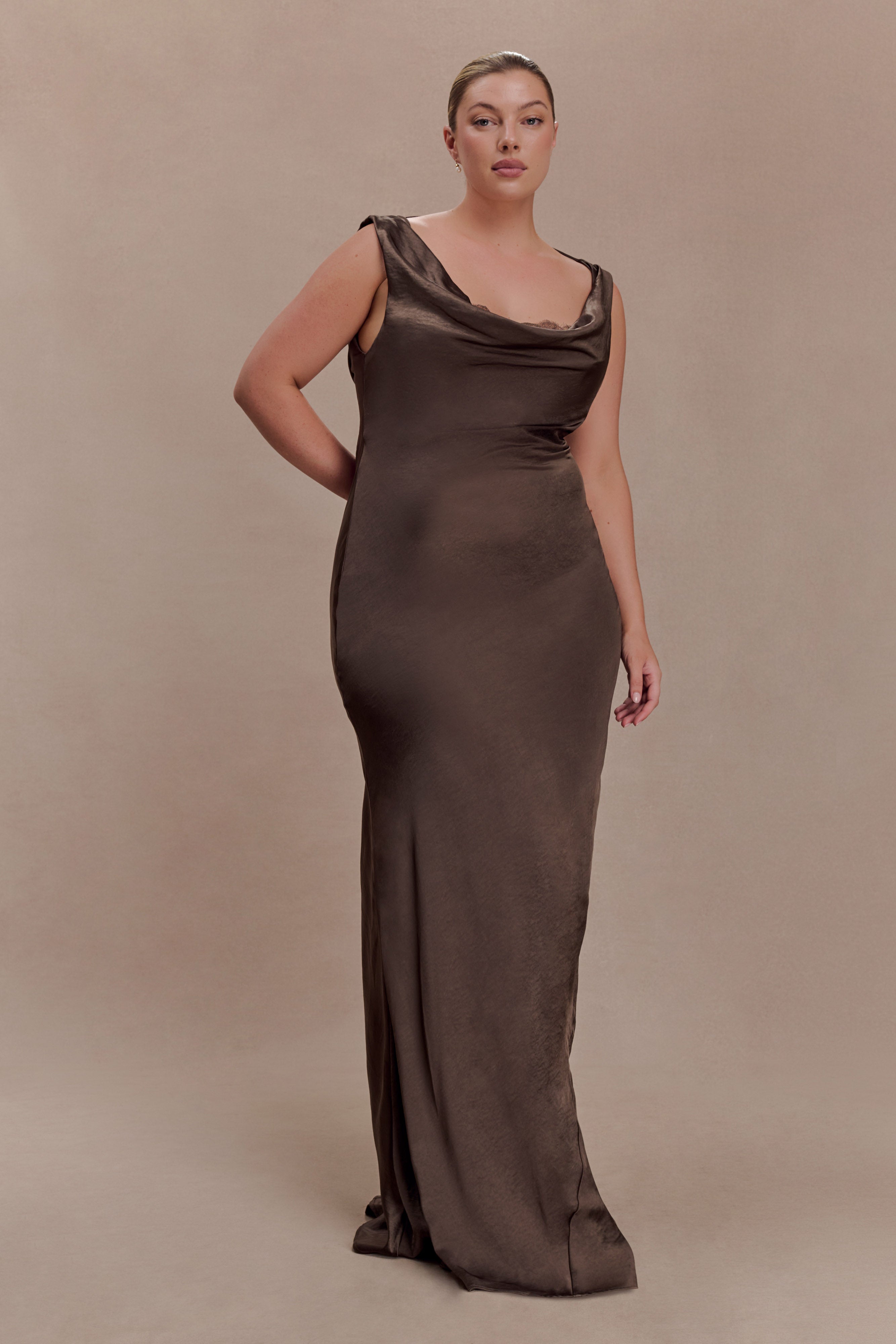 Ashley Cowl Neck Lace And Satin Maxi Dress - Mocha - Image 6