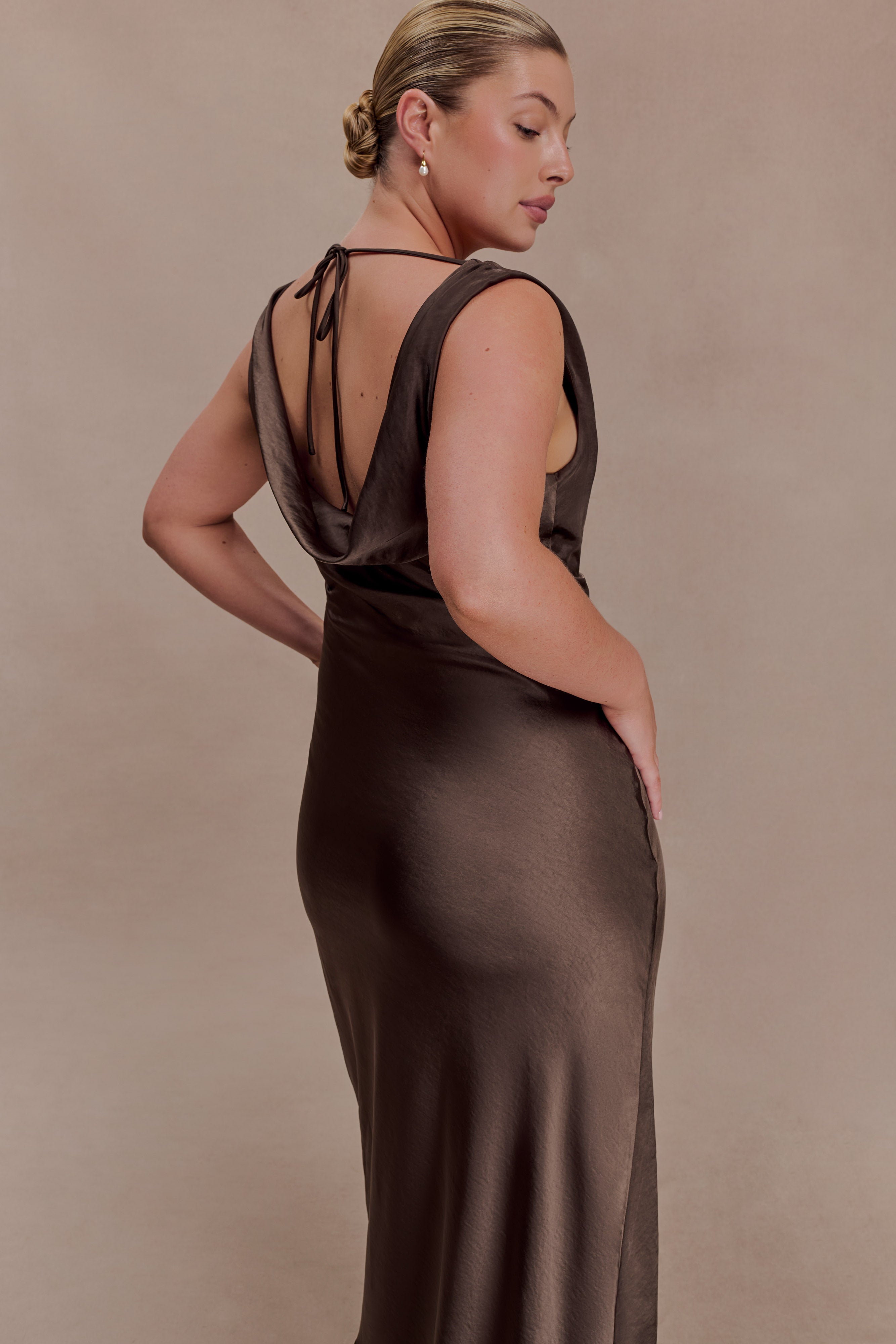 Ashley Cowl Neck Lace And Satin Maxi Dress - Mocha - Image 7