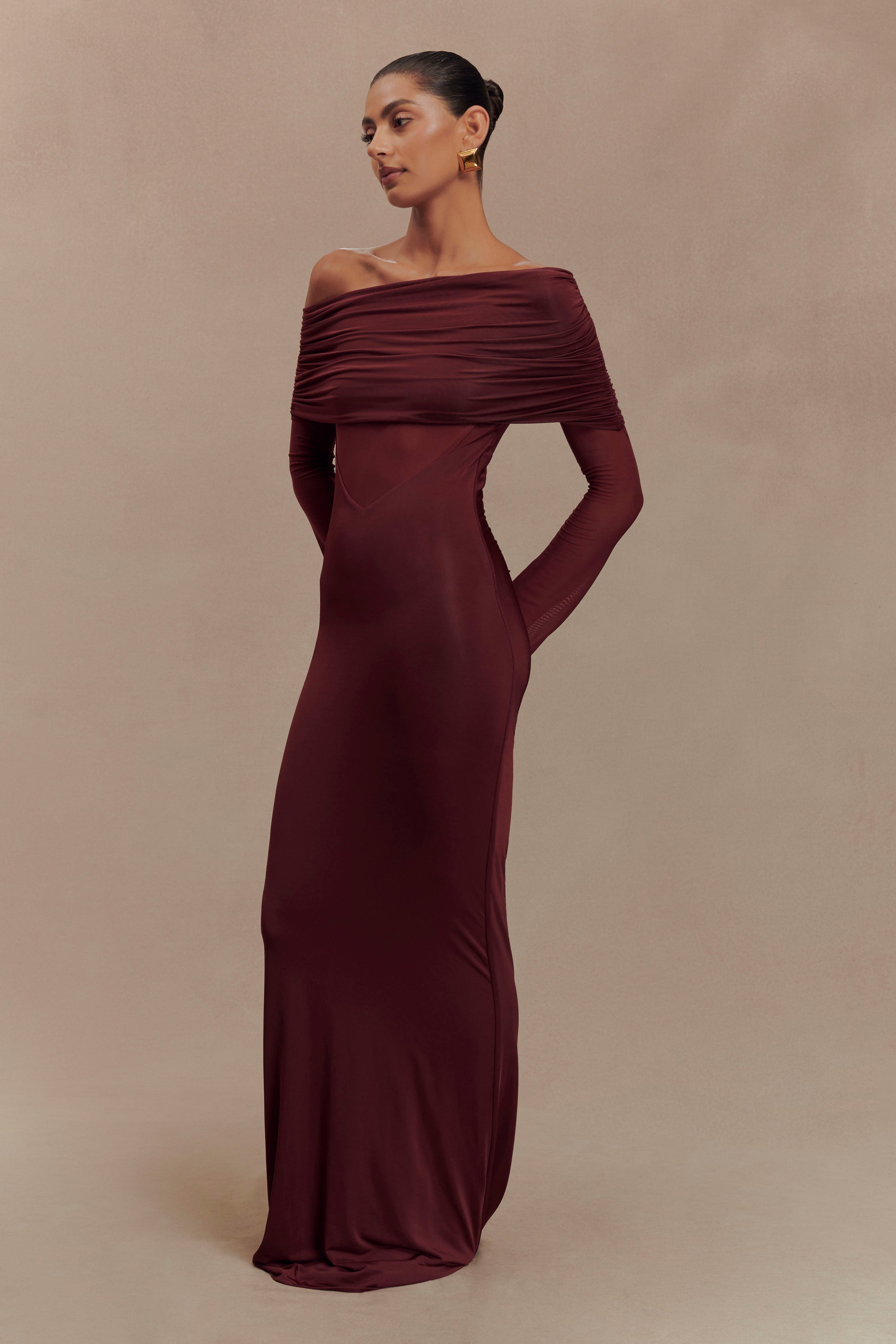 Kaitlin One Shoulder Slinky And Mesh Maxi Dress - Burgundy - Image 4