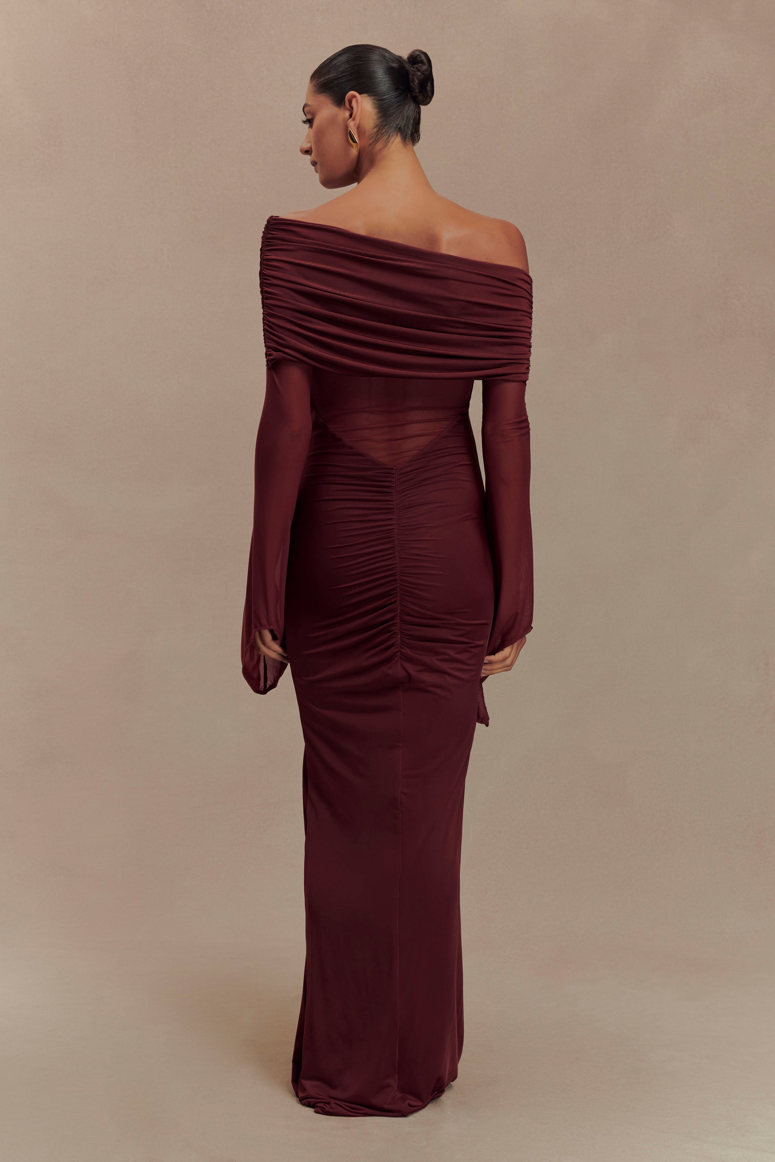 Kaitlin One Shoulder Slinky And Mesh Maxi Dress - Burgundy - Image 2