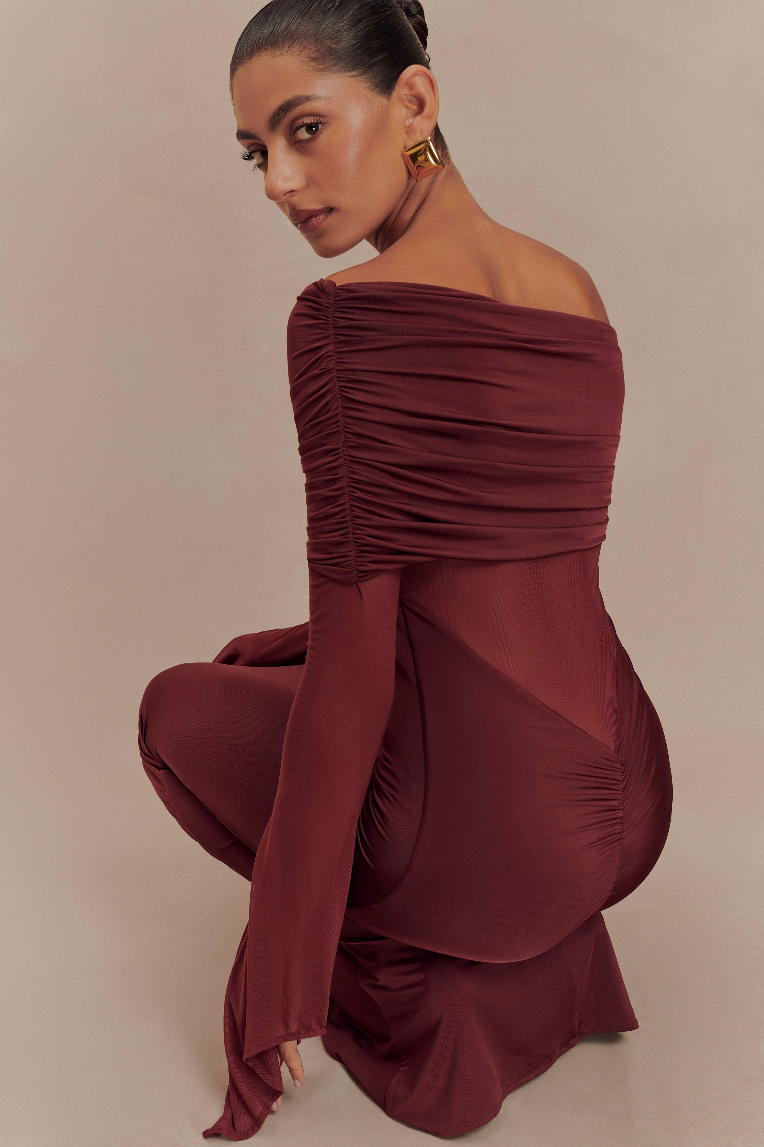Kaitlin One Shoulder Slinky And Mesh Maxi Dress - Burgundy - Image 3