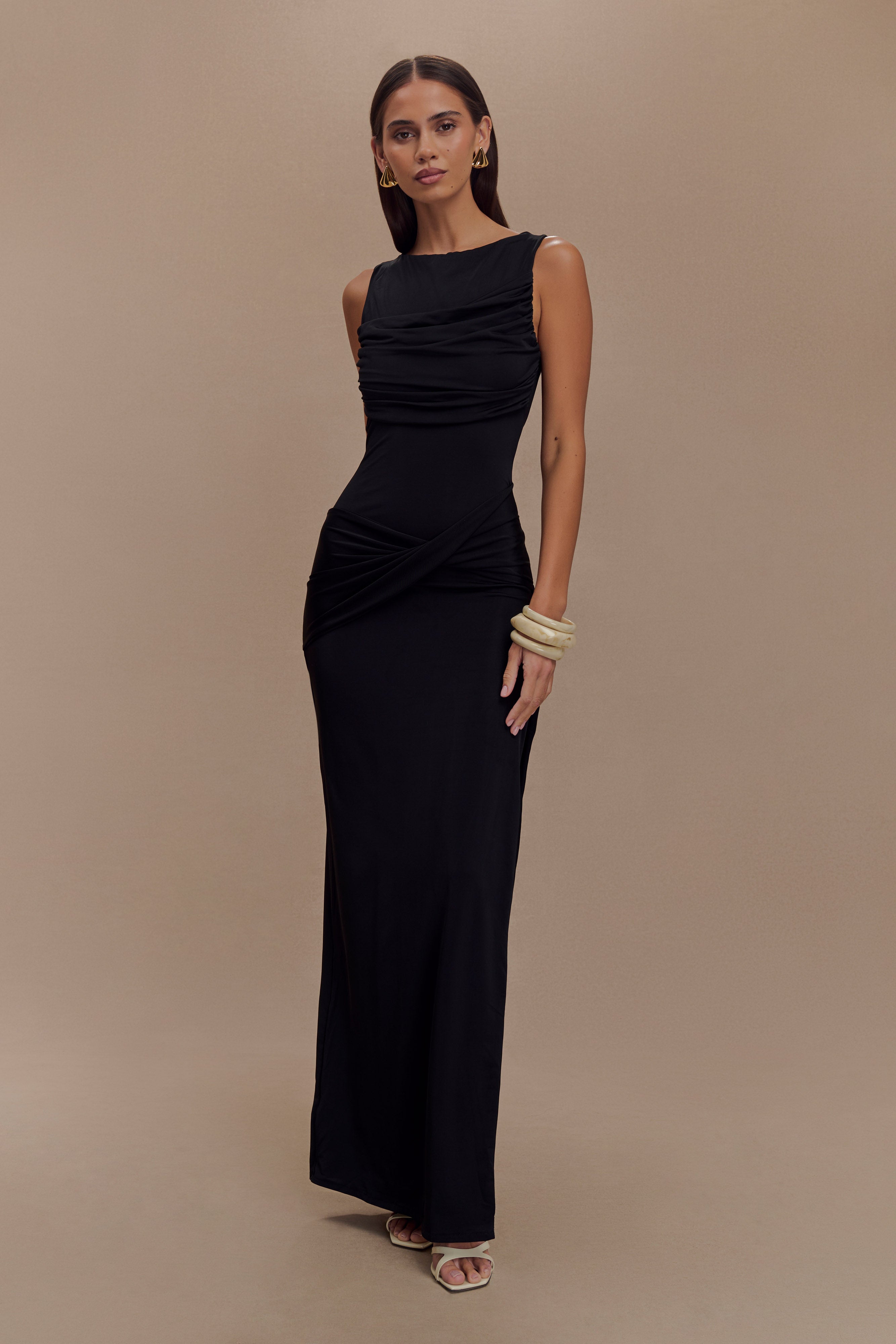 Henley Slinky Drape Maxi Dress - Black - Image 5