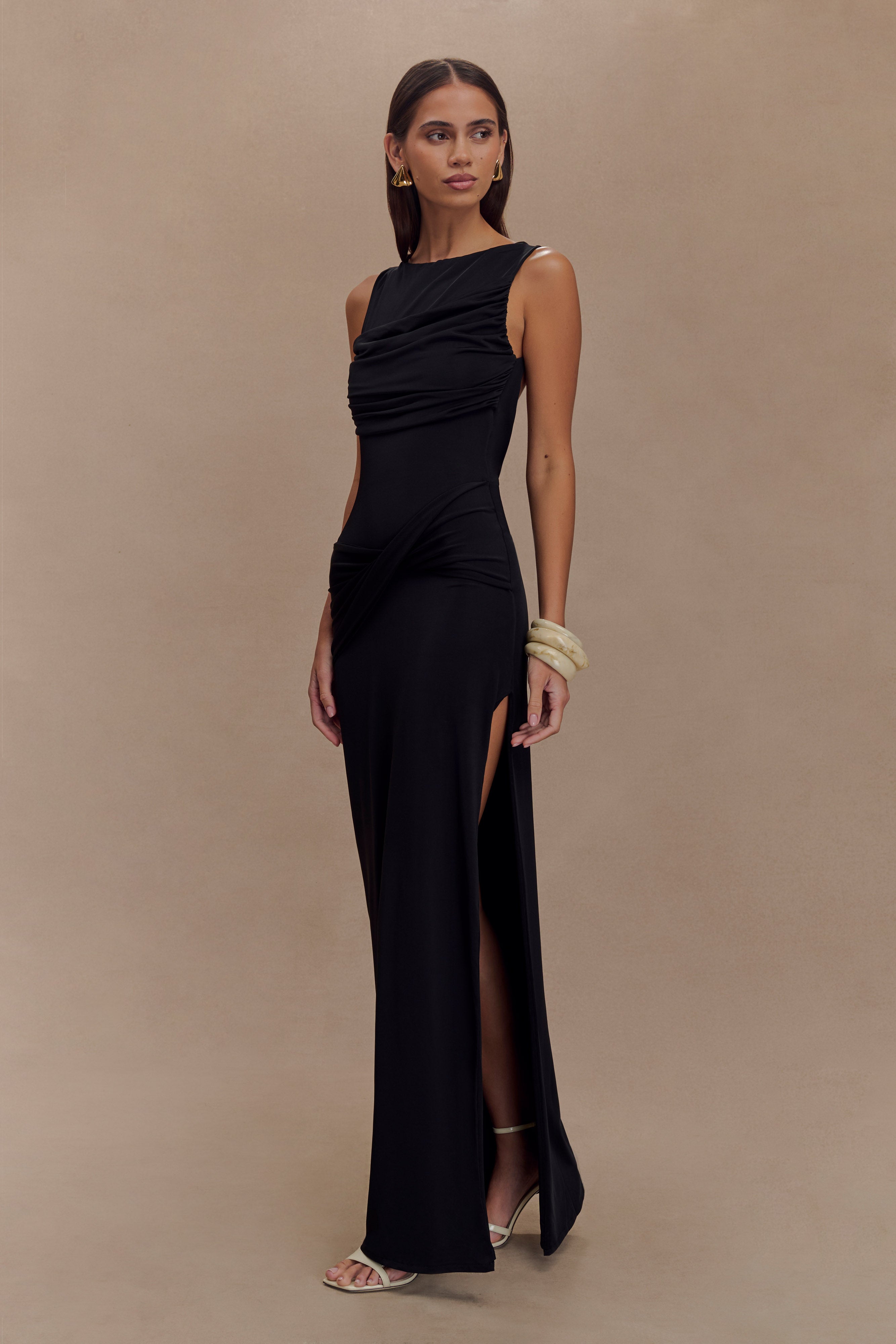Henley Slinky Drape Maxi Dress - Black - Image 4