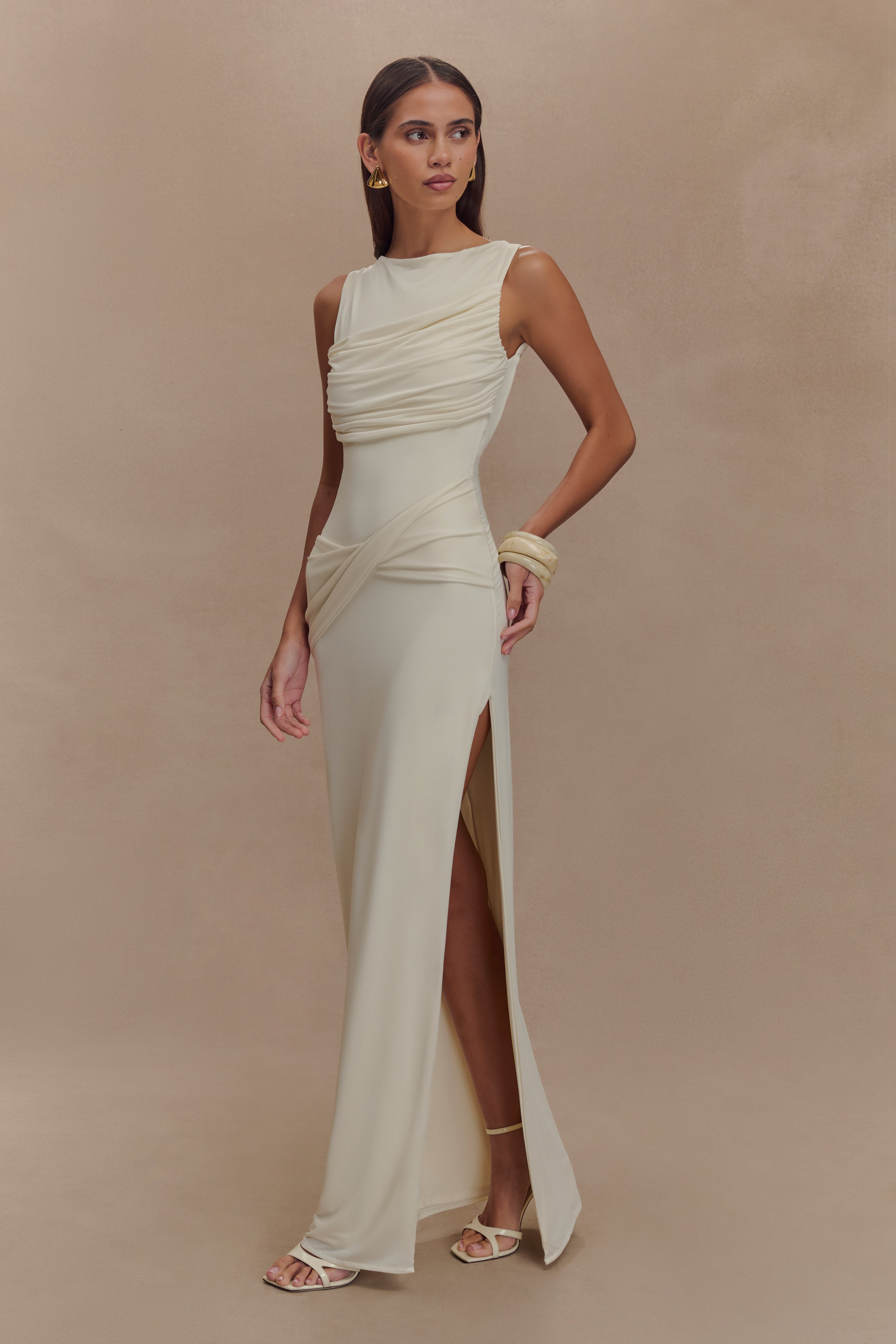 Henley Slinky Drape Maxi Dress - Ivory - Image 4