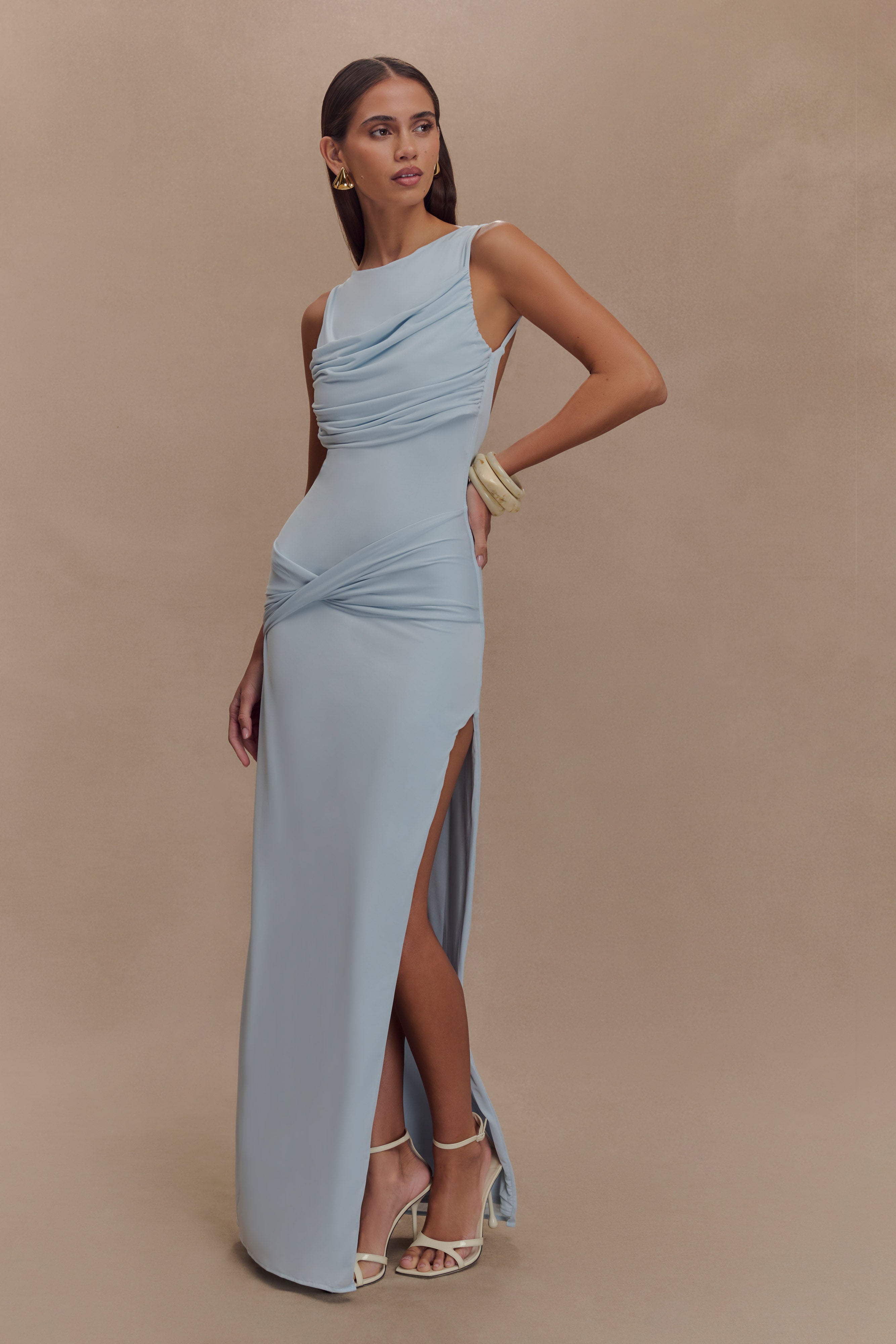 Henley Slinky Drape Maxi Dress - Pale Blue - Image 3