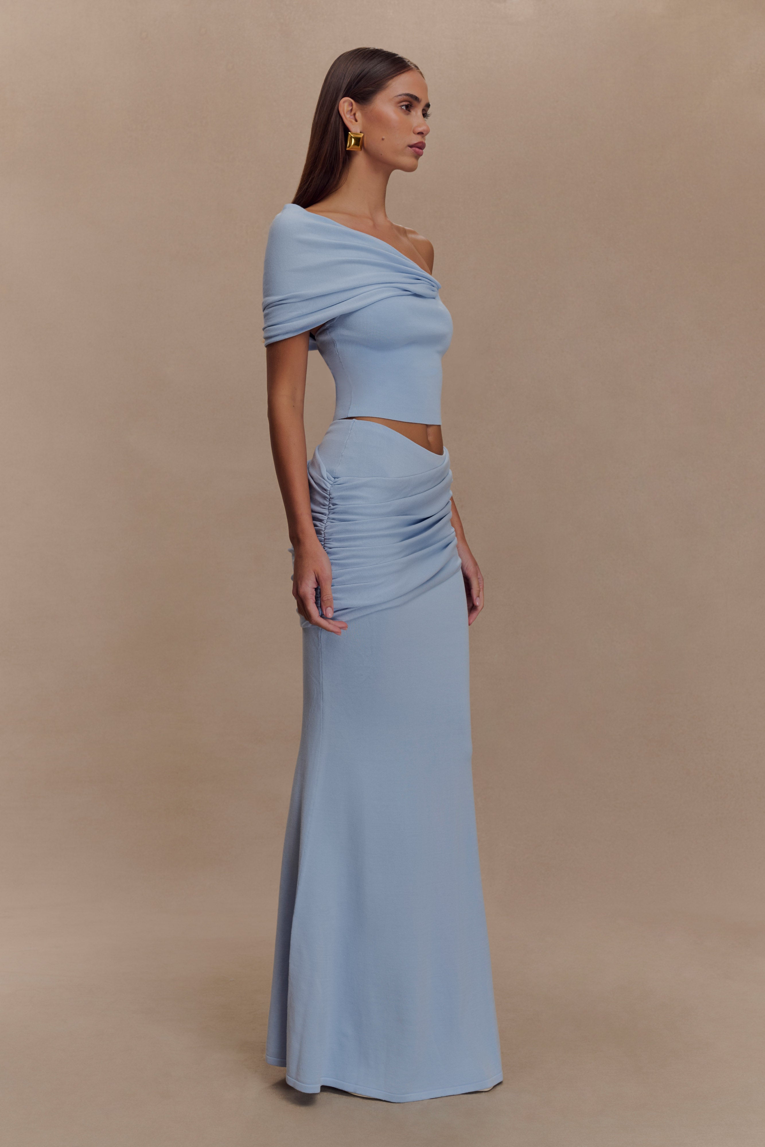 Irene Gathered Knit Maxi Skirt - Blue - Image 4
