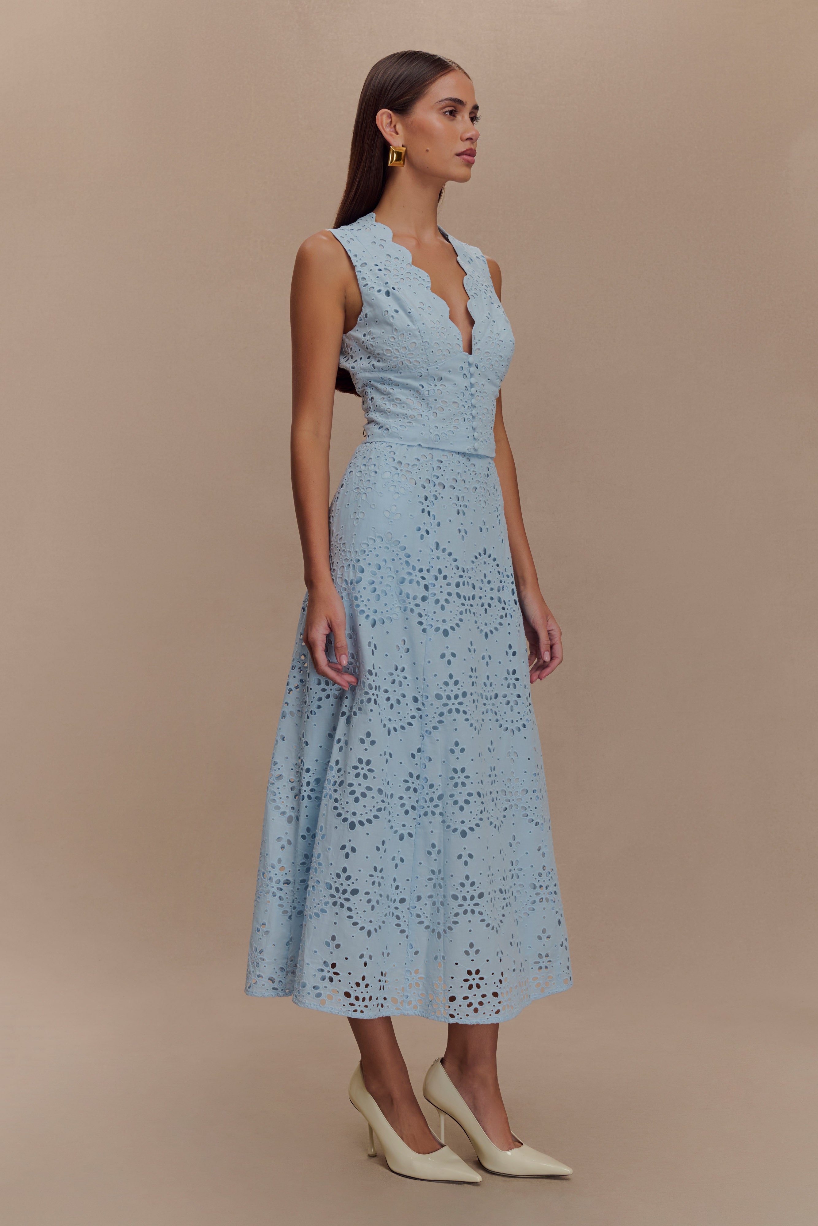 Arla Broderie Midi Skirt - Pale Cornflower Blue - Image 4