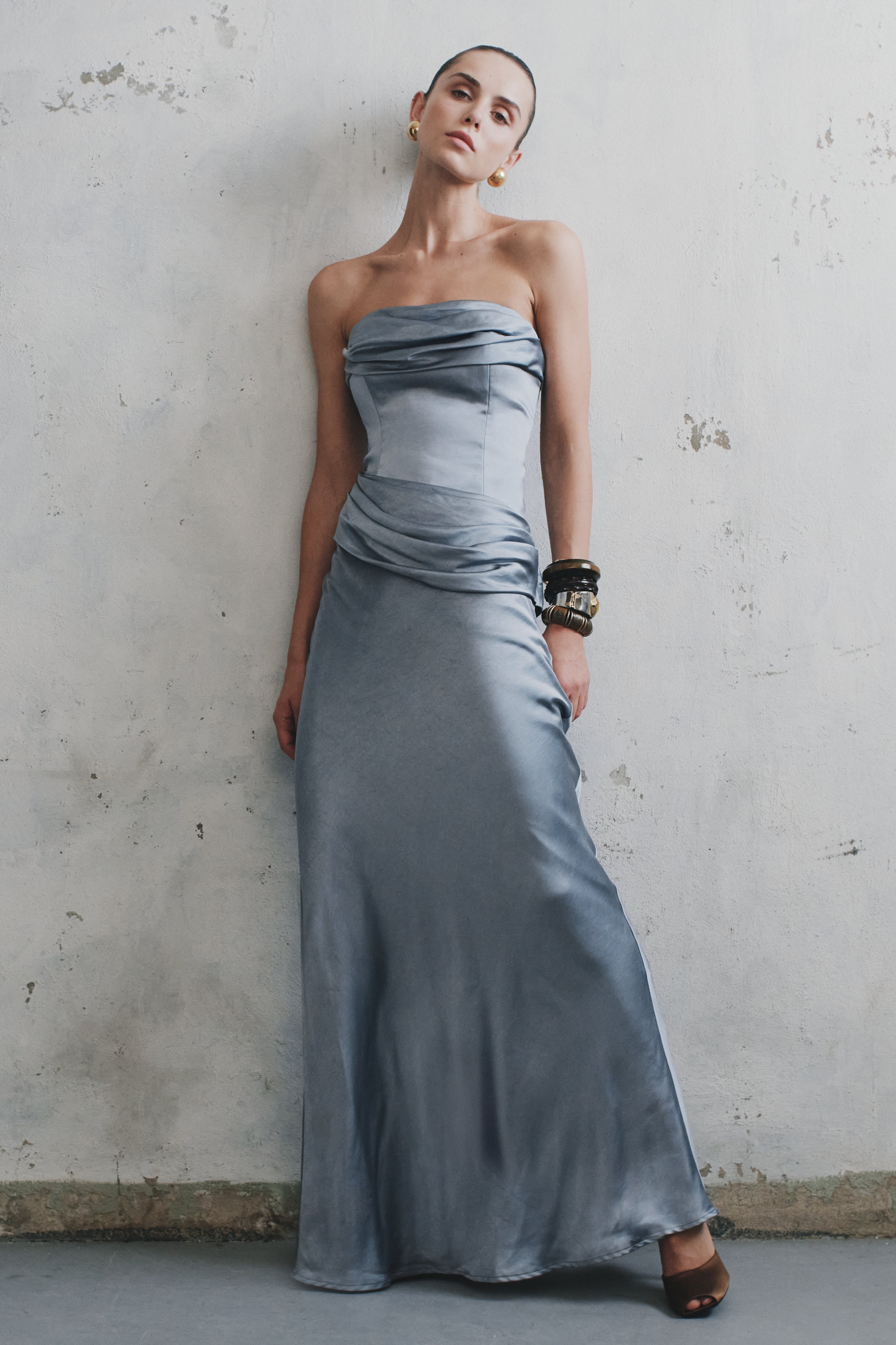 Jasmine Strapless Satin Maxi Dress - Frosted Blue - Image 4
