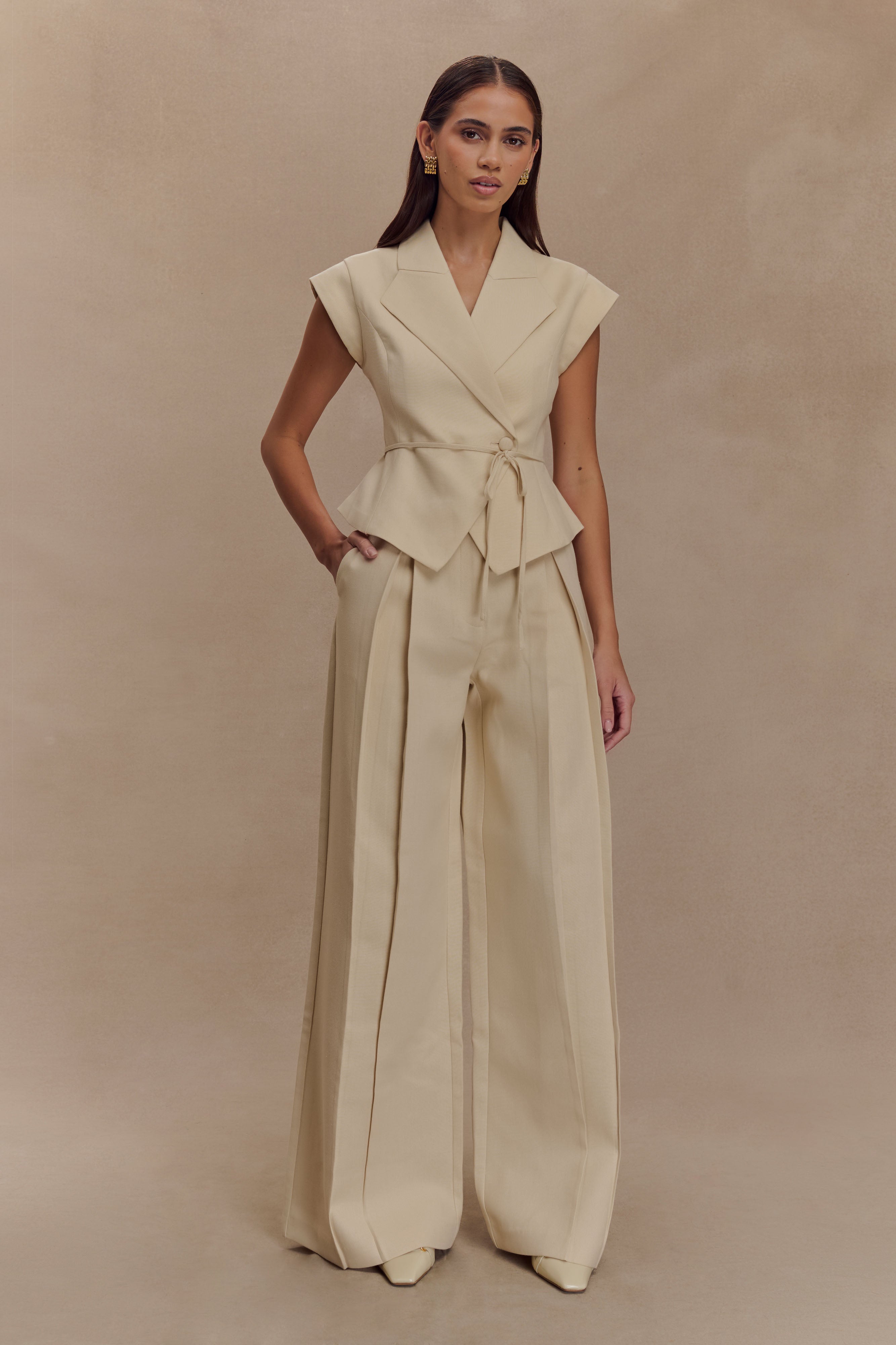 Raya Mid Rise Wide Leg Linen Pant - Natural Beige - Image 2