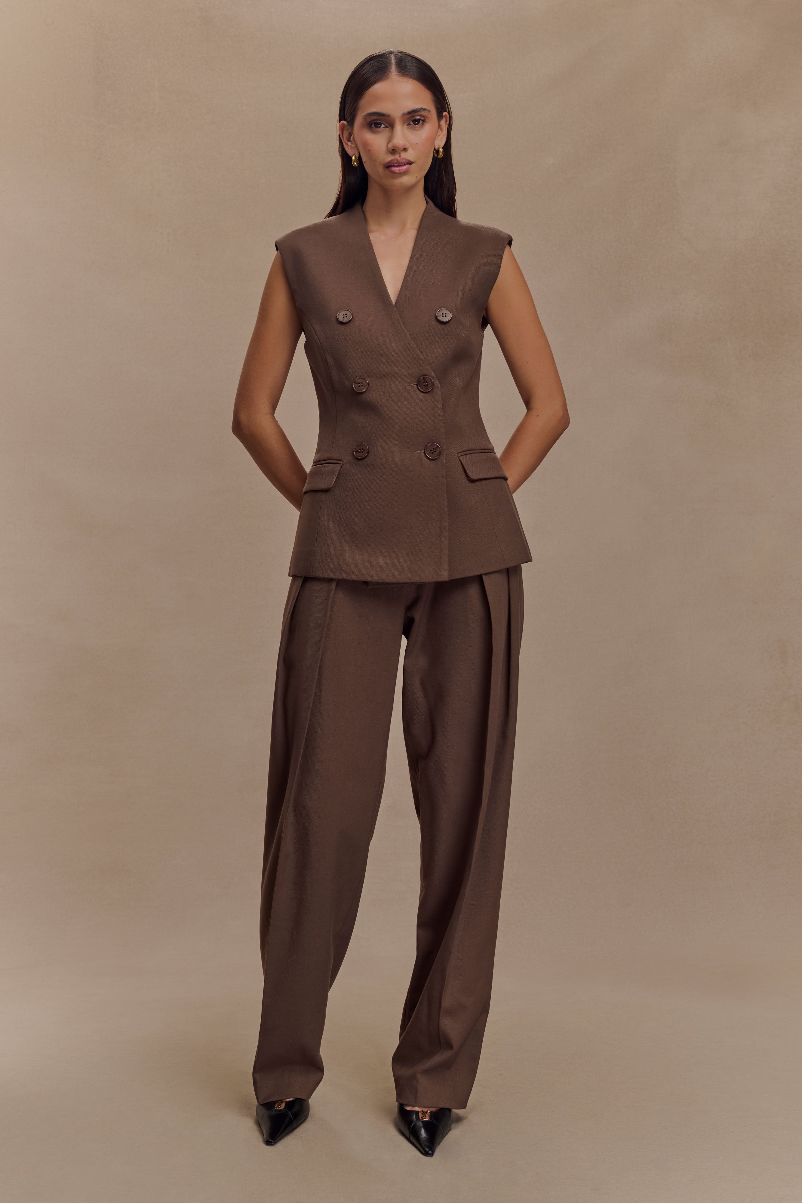 Penelope Pleated High Waisted Pants - Chocolate - Image 4