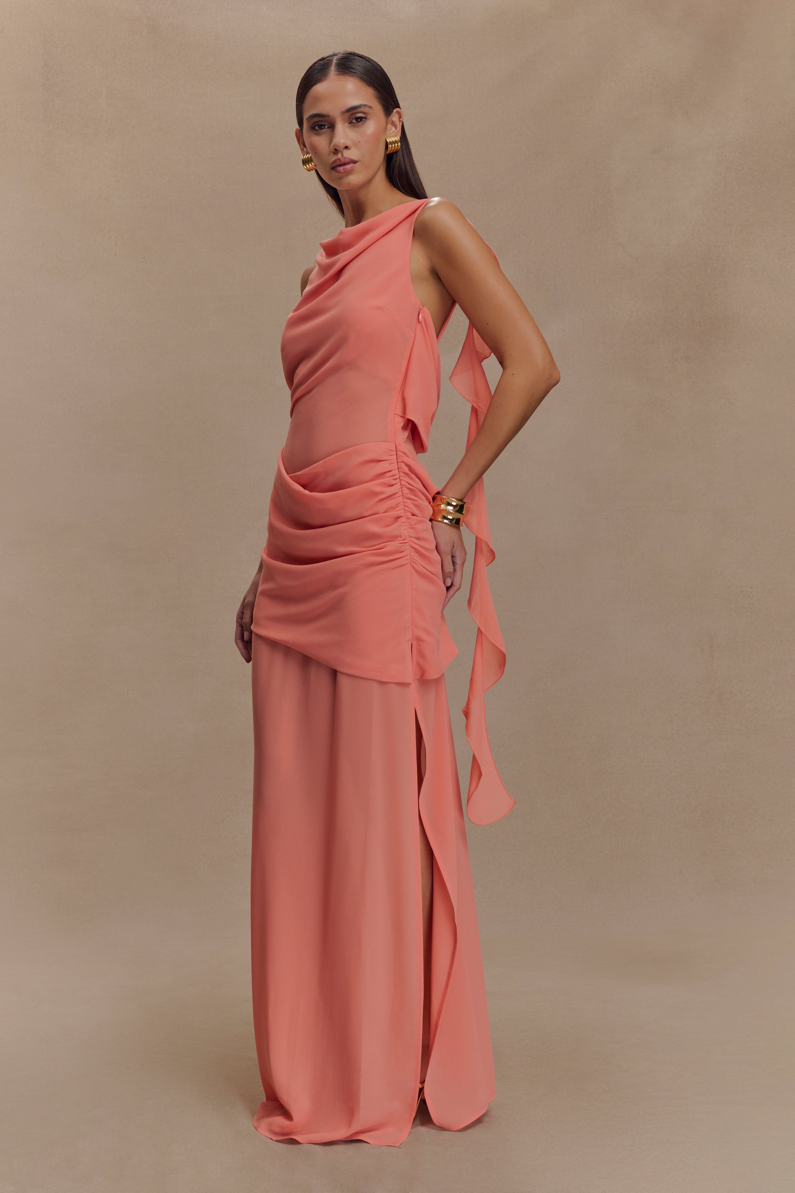 Daria Draped Chiffon Maxi Dress - Pastel Nectarine - Image 4