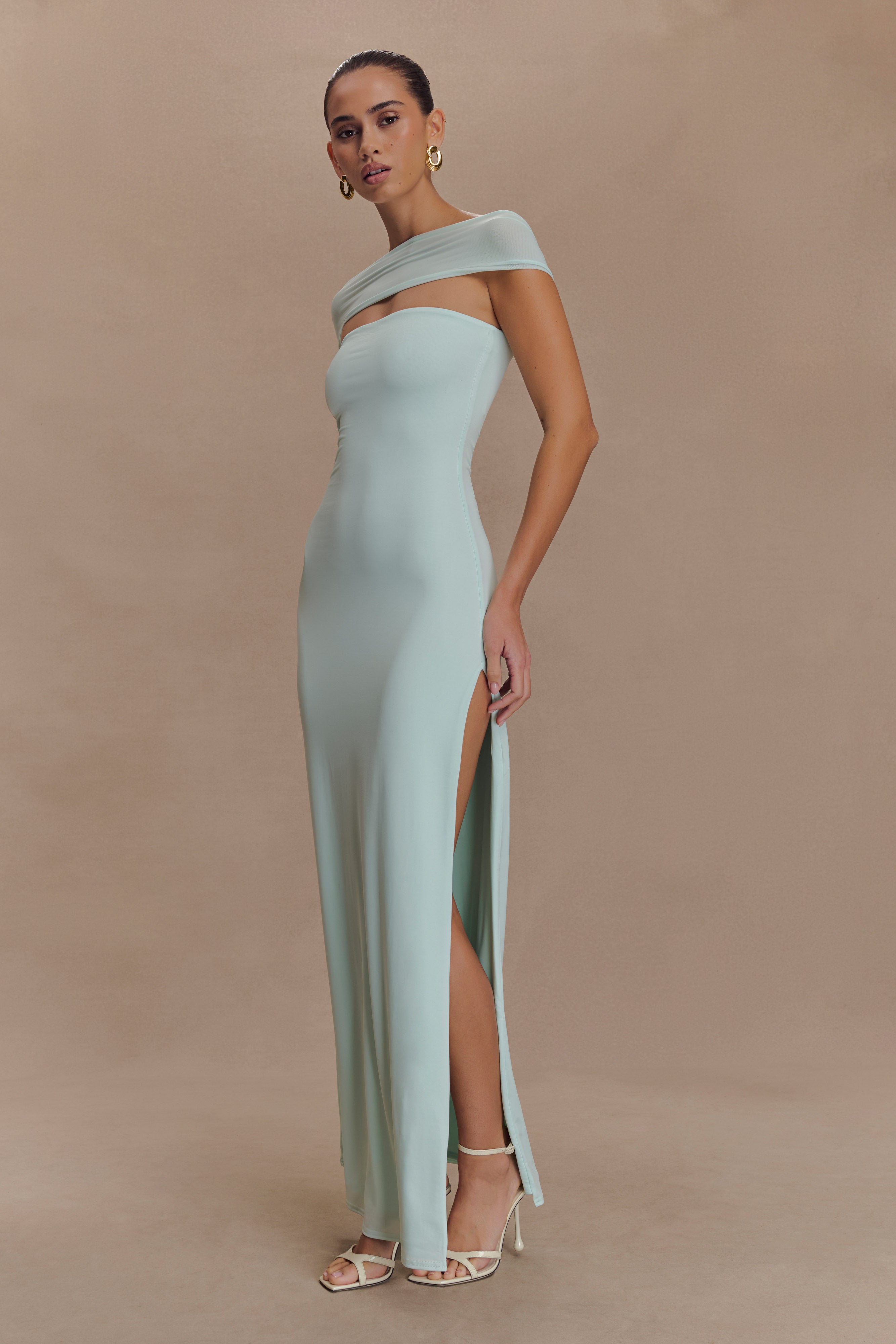 Aurora Slinky And Mesh Split Maxi Dress - Lagoon - Image 4
