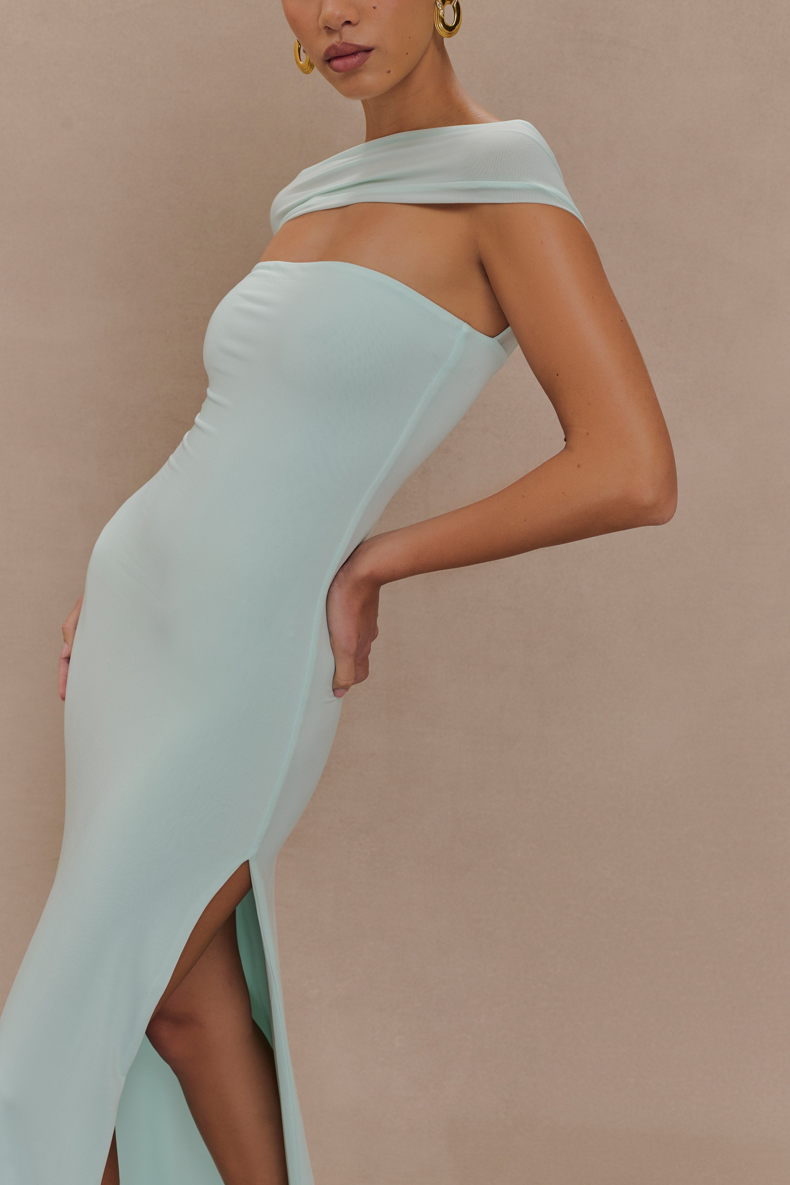 Aurora Slinky And Mesh Split Maxi Dress - Lagoon - Image 5