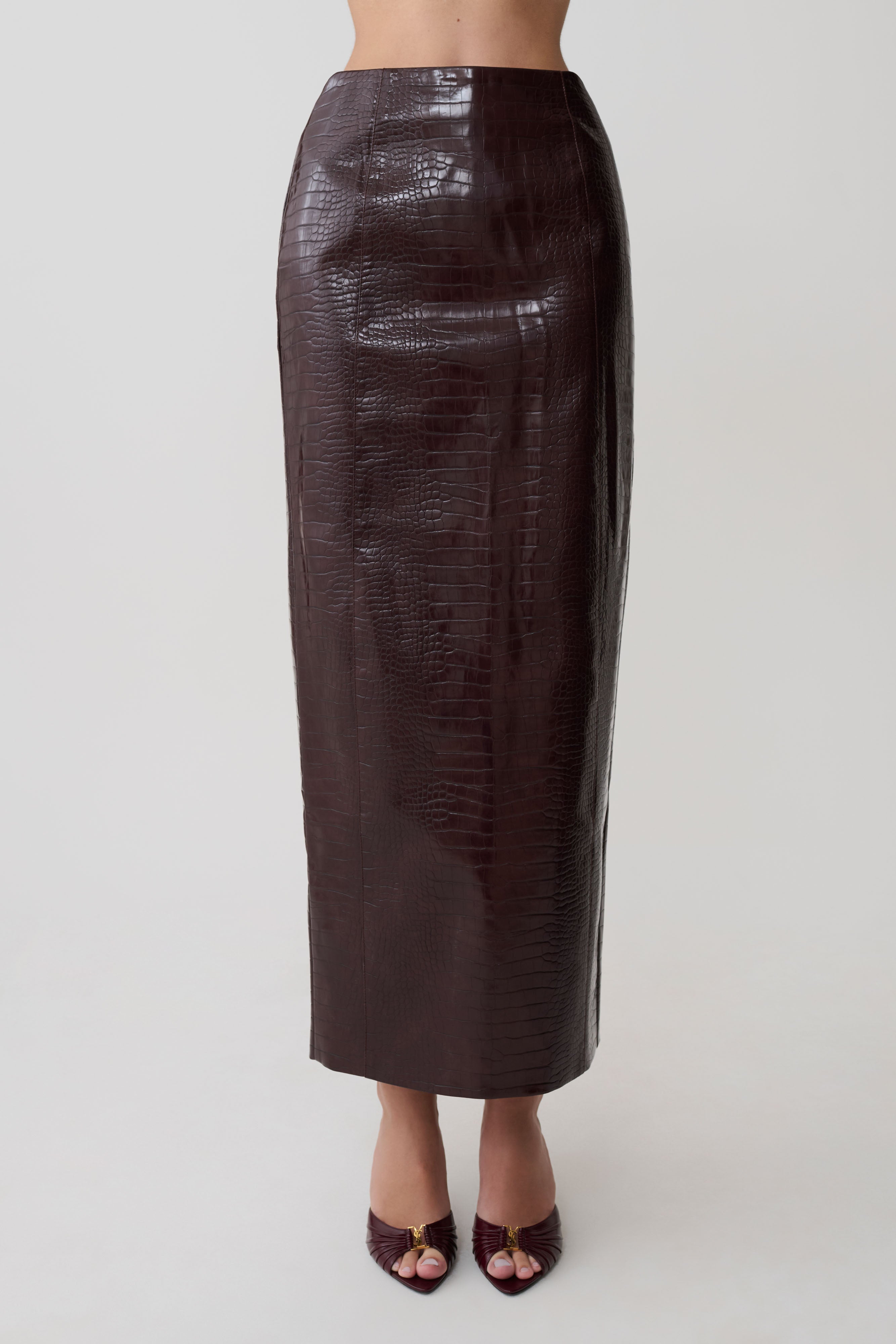 Thalia Croc Faux Leather Midi Skirt - Merlot - Image 8