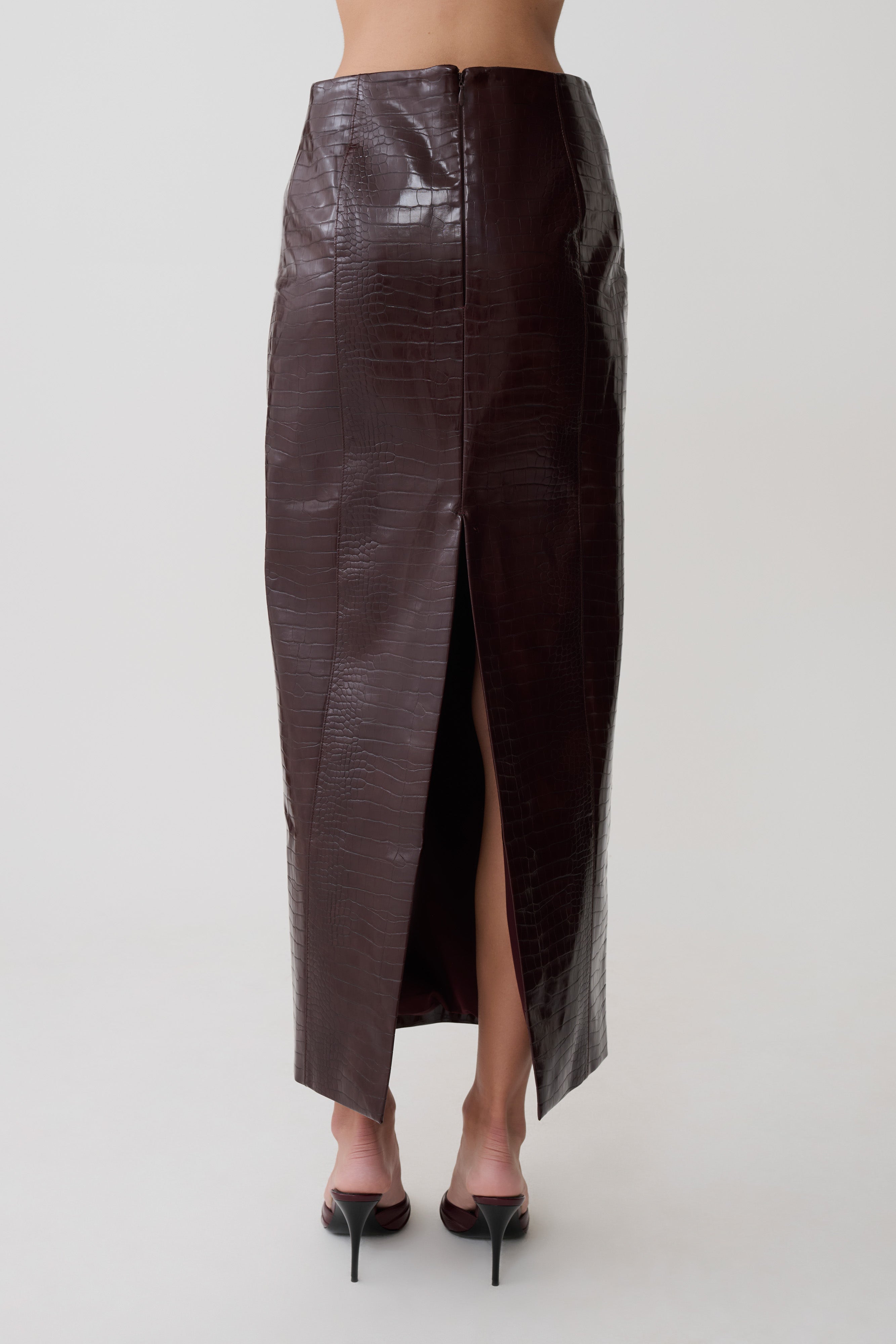 Thalia Croc Faux Leather Midi Skirt - Merlot - Image 10