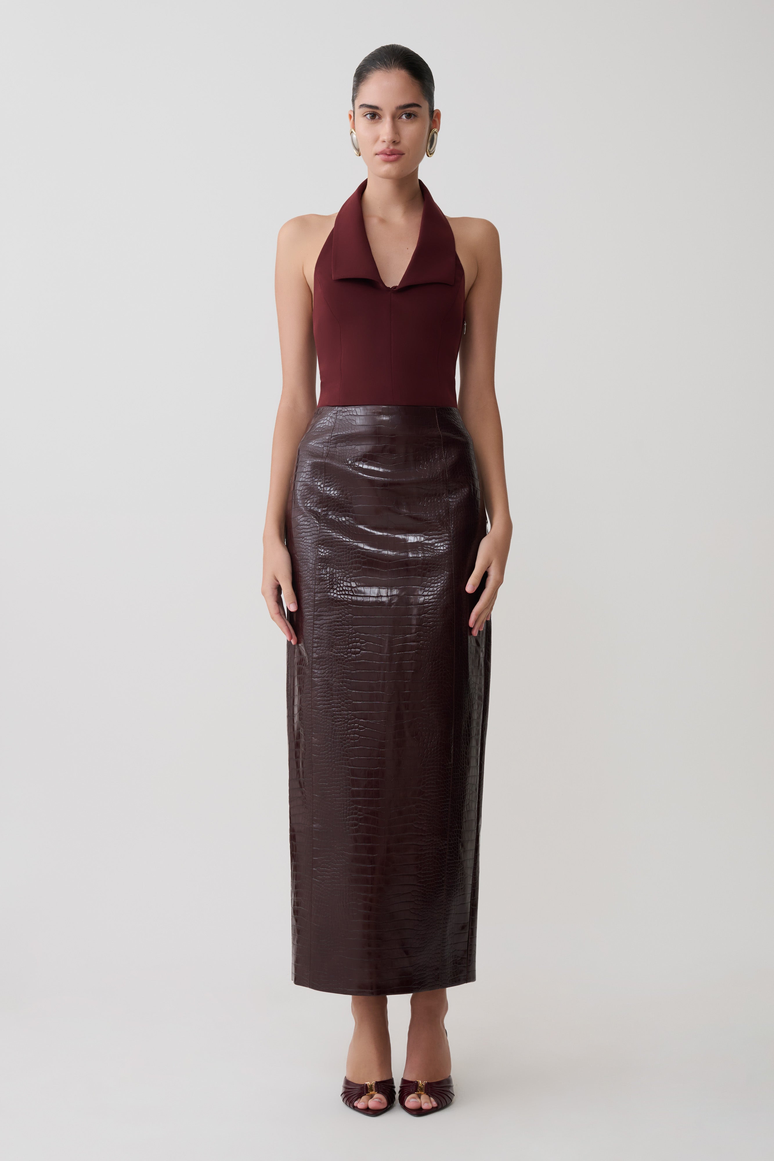 Thalia Croc Faux Leather Midi Skirt - Merlot - Image 3