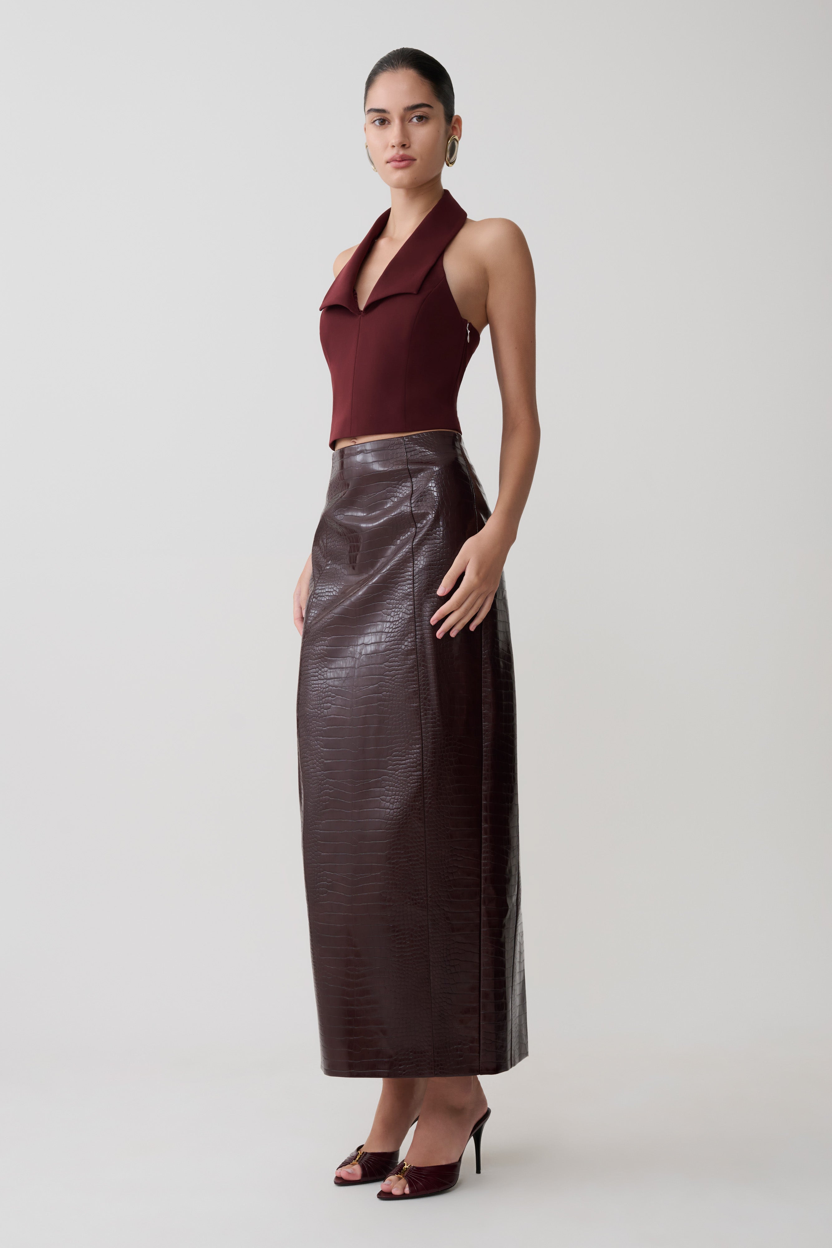 Alternative view of Thalia Croc Faux Leather Midi Skirt - Merlot