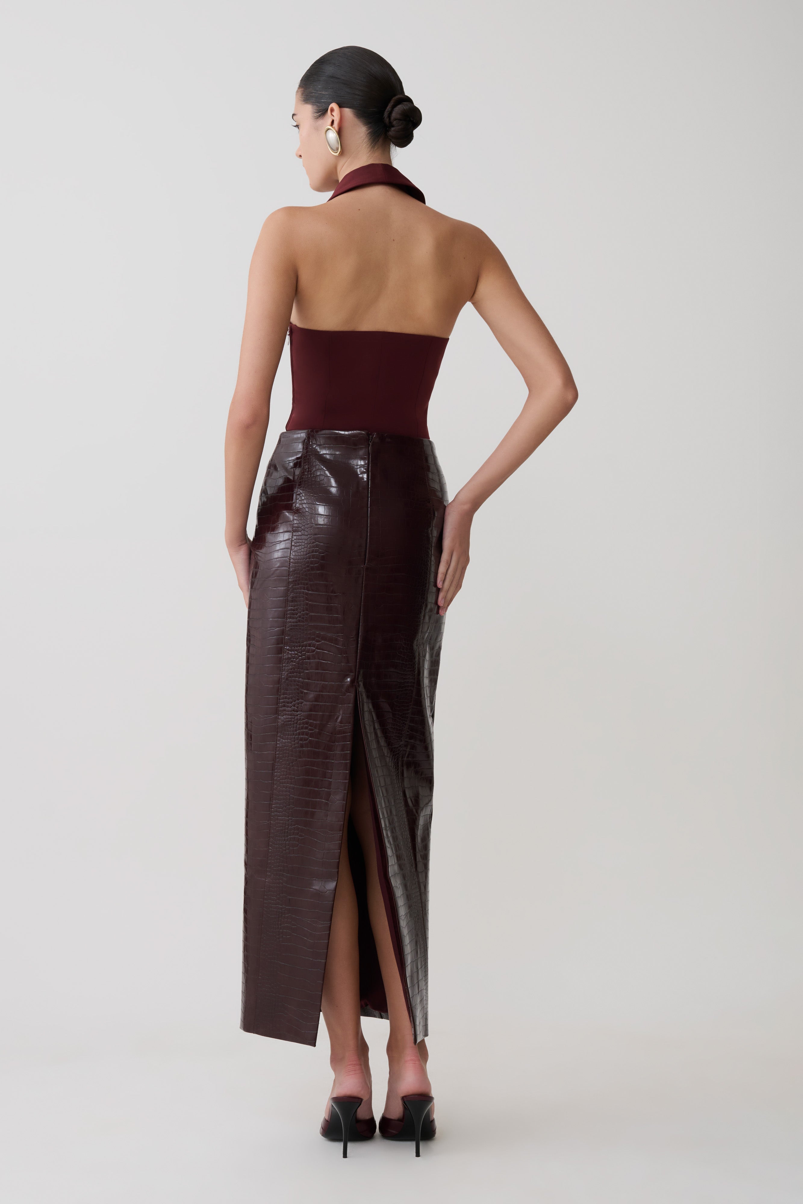 Thalia Croc Faux Leather Midi Skirt - Merlot - Image 4