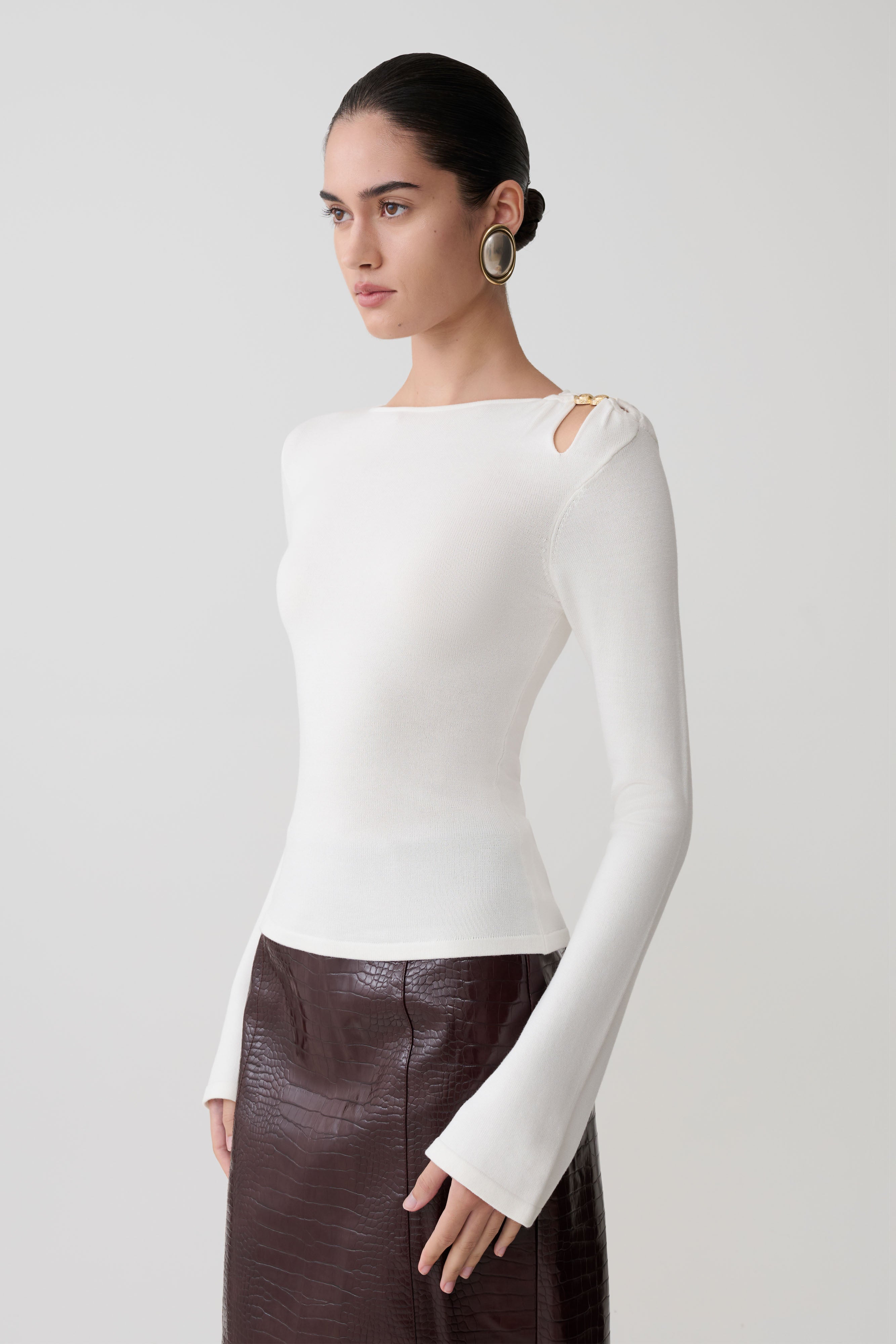 Ricky Knit Long Sleeve Longline Top - Ivory - Image 4