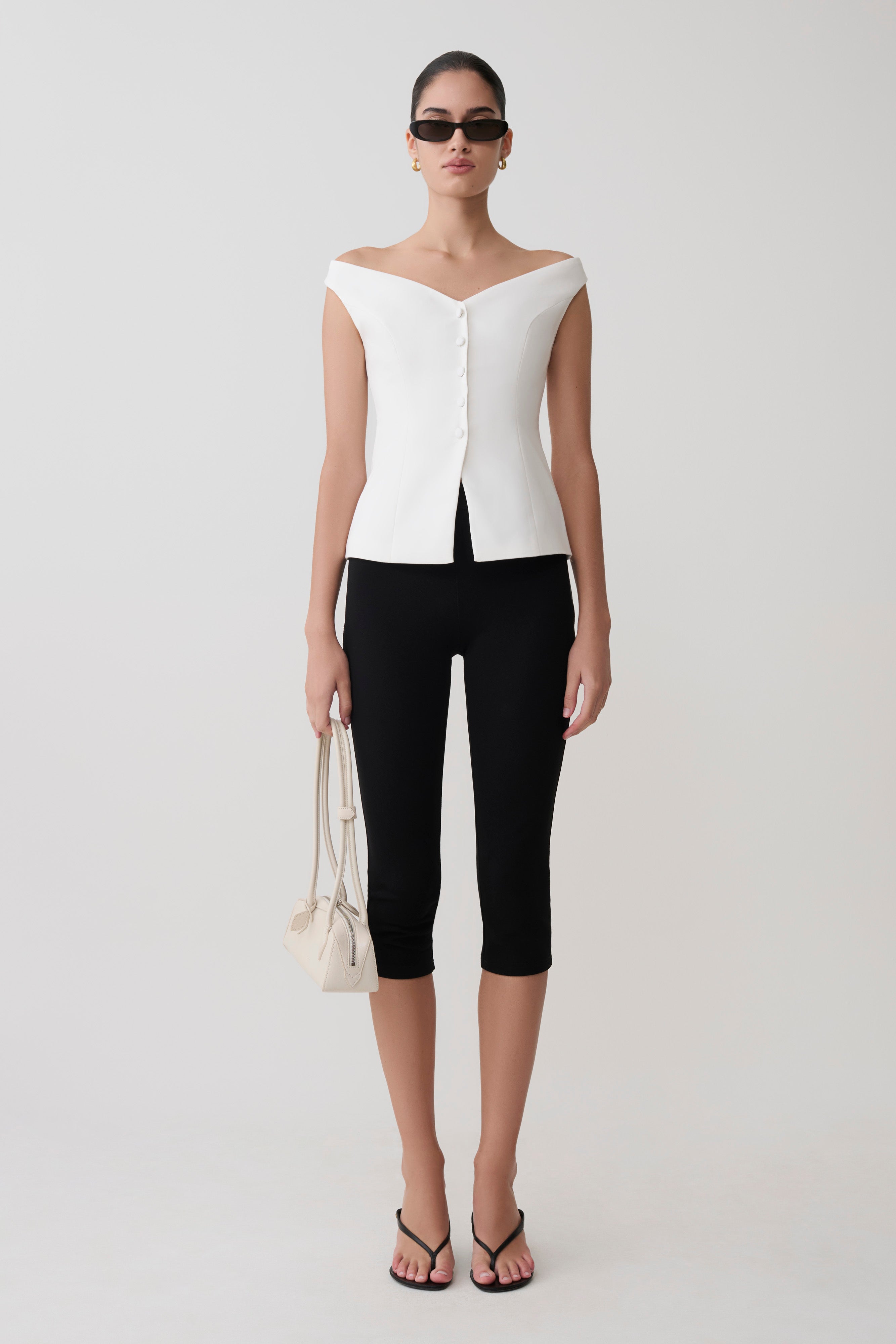 Billie Off Shoulder Sleeveless Button Top - White - Image 6