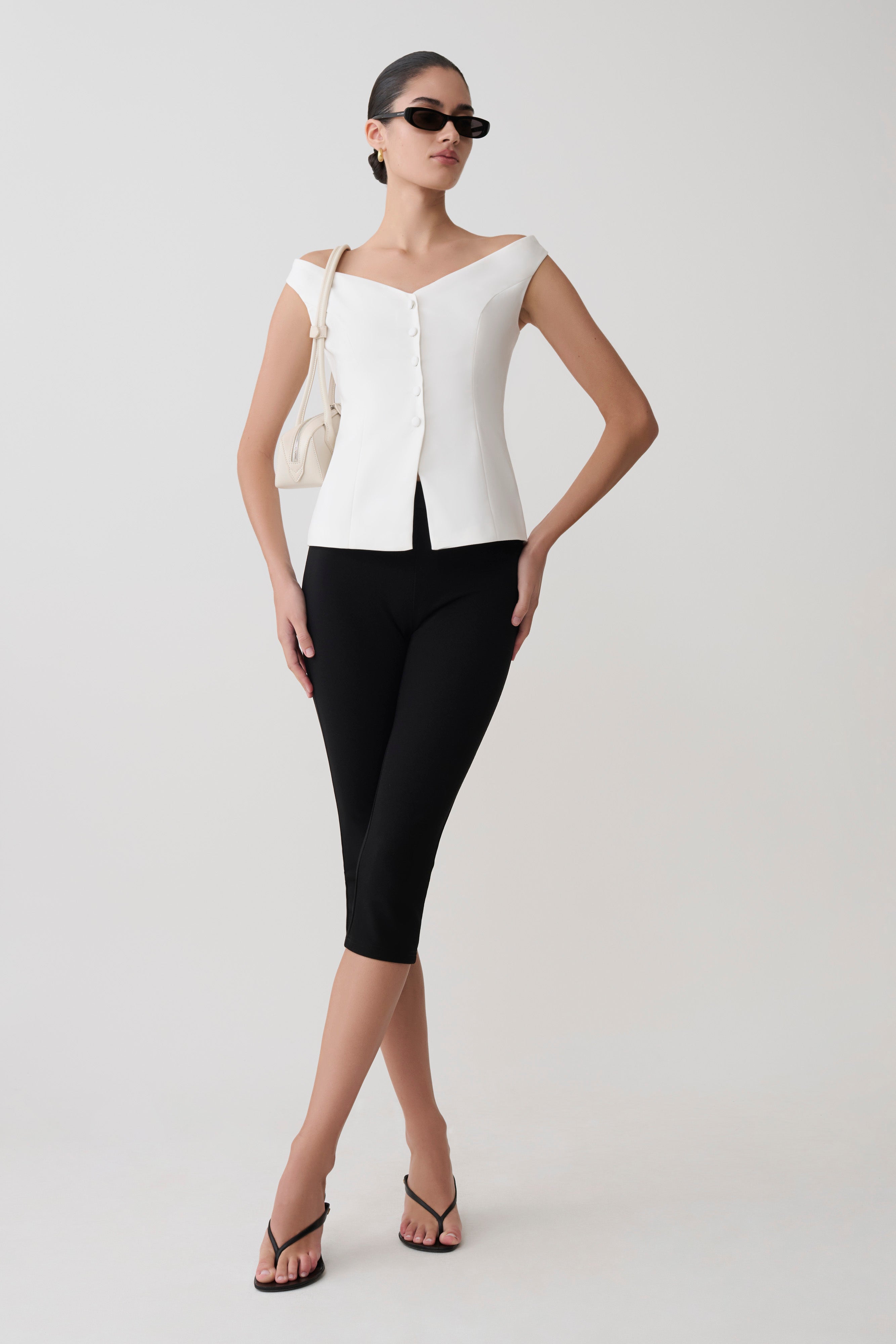 Billie Off Shoulder Sleeveless Button Top - White - Image 5