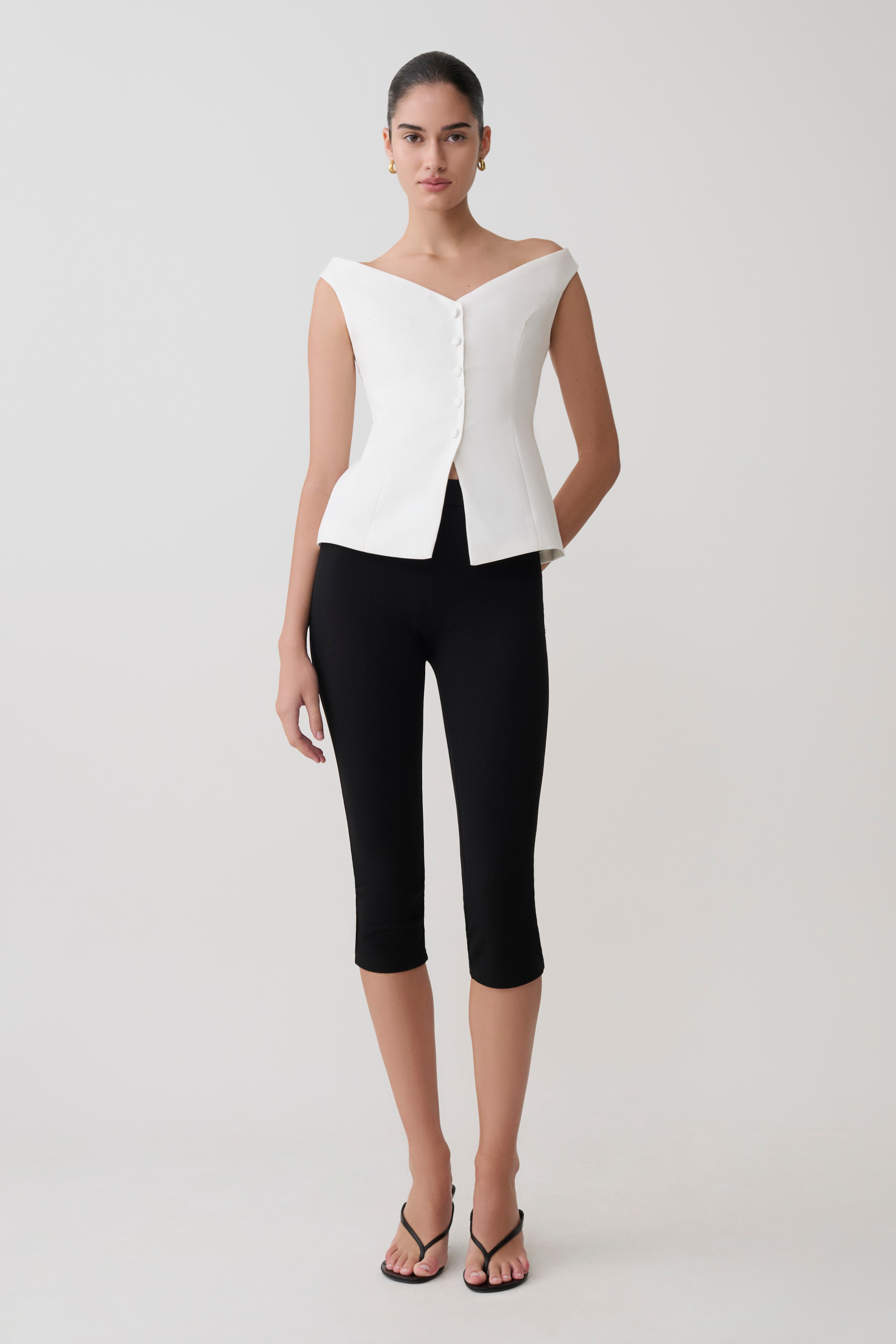 Billie Off Shoulder Sleeveless Button Top - White - Image 7