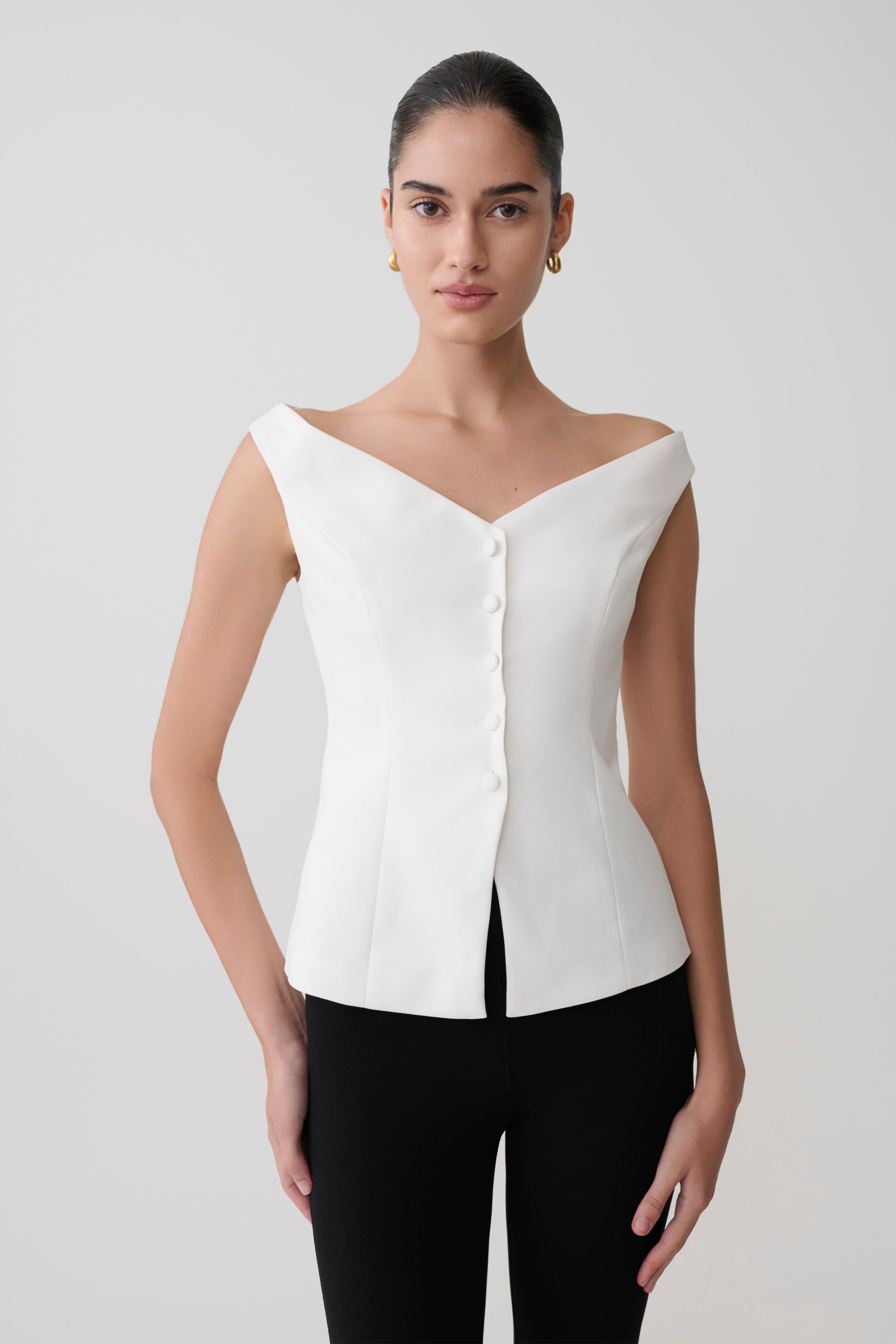 Billie Off Shoulder Sleeveless Button Top - White - Image 2