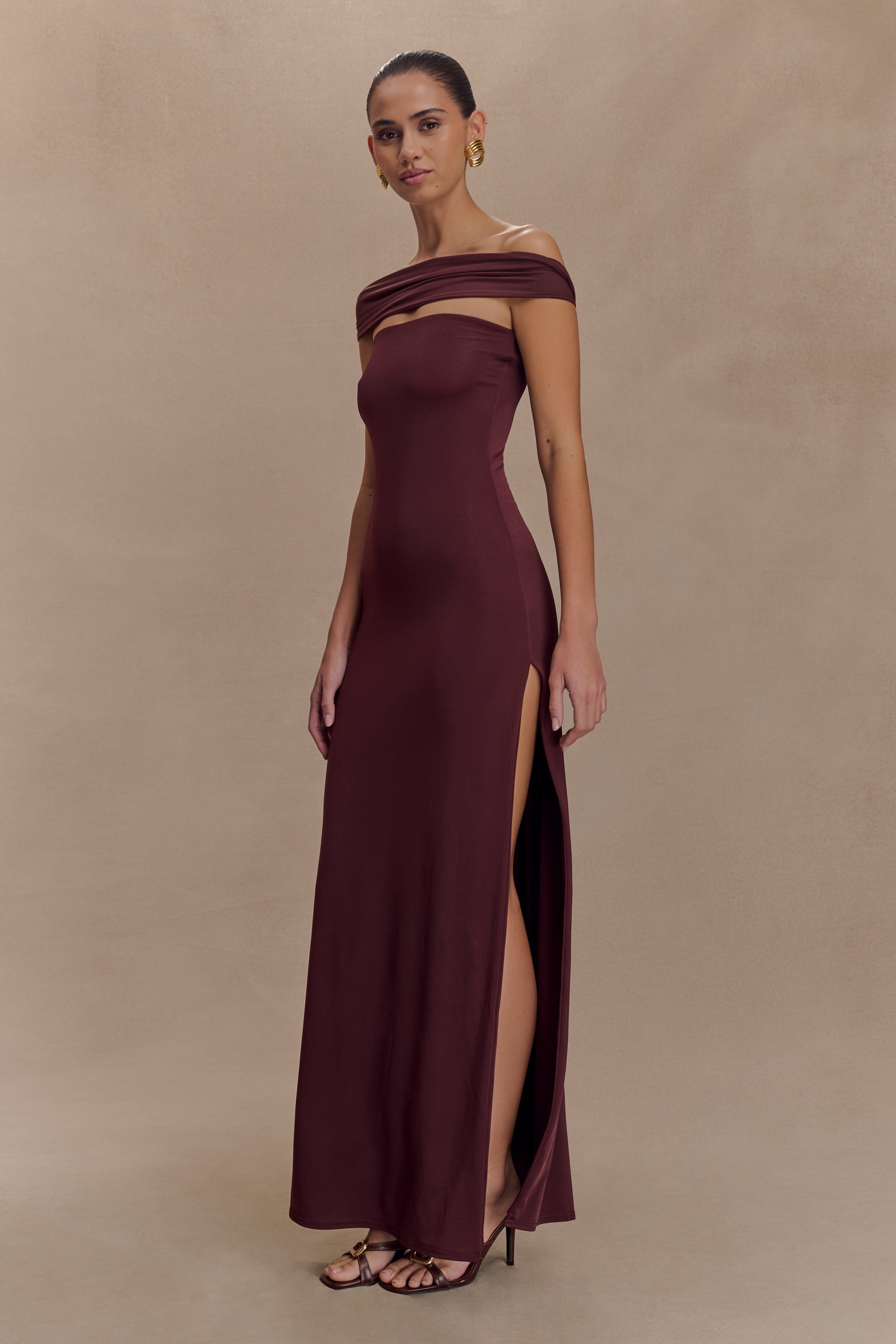 Aurora Slinky And Mesh Split Maxi Dress - Mahogany - Image 4