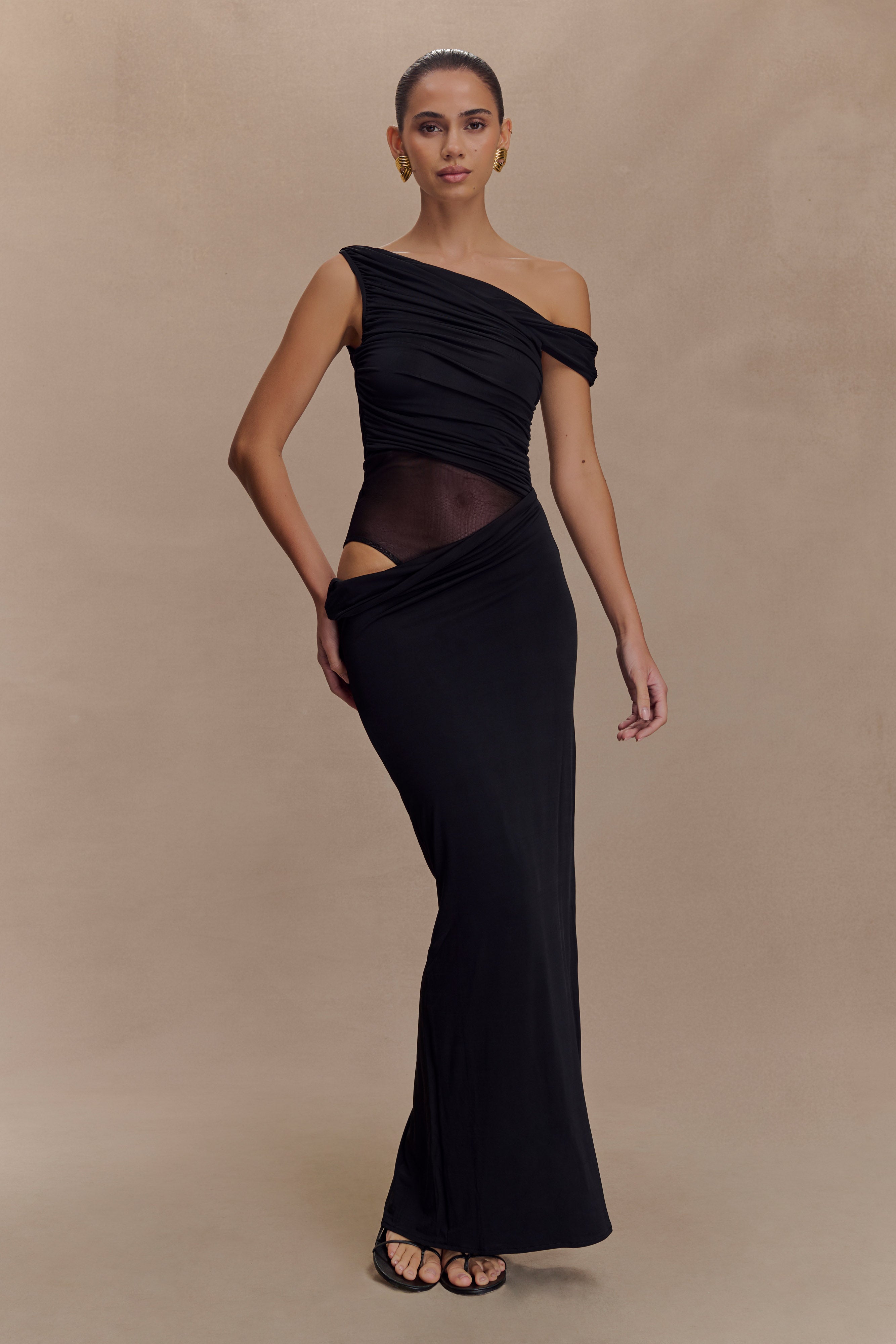 Callen One Shoulder Slinky Maxi Dress - Black - Image 5