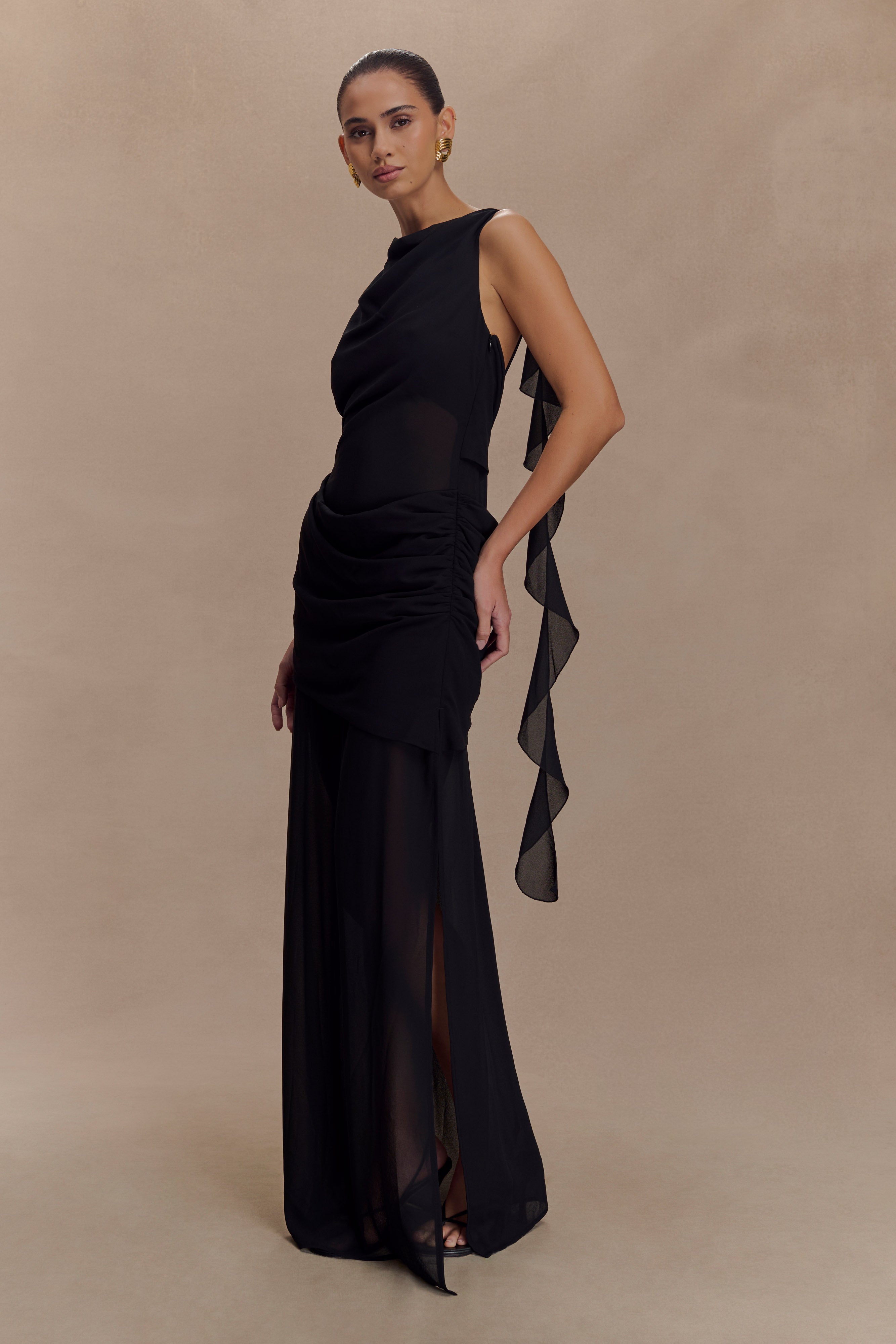 Daria Draped Chiffon Maxi Dress - Black - Image 4