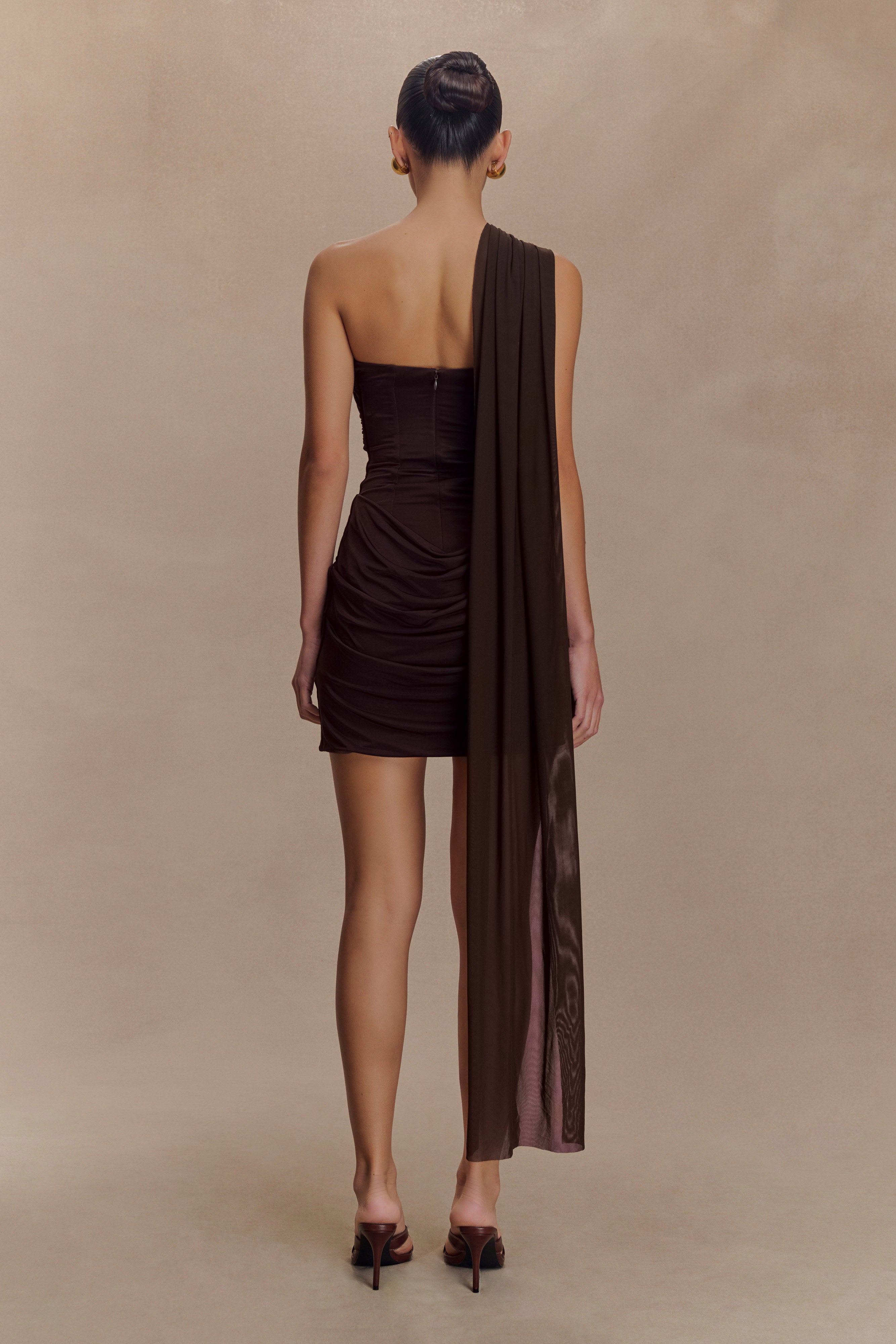 Mattea Slinky And Mesh Mini Dress With Scarf - Dark Chocolate - Image 2