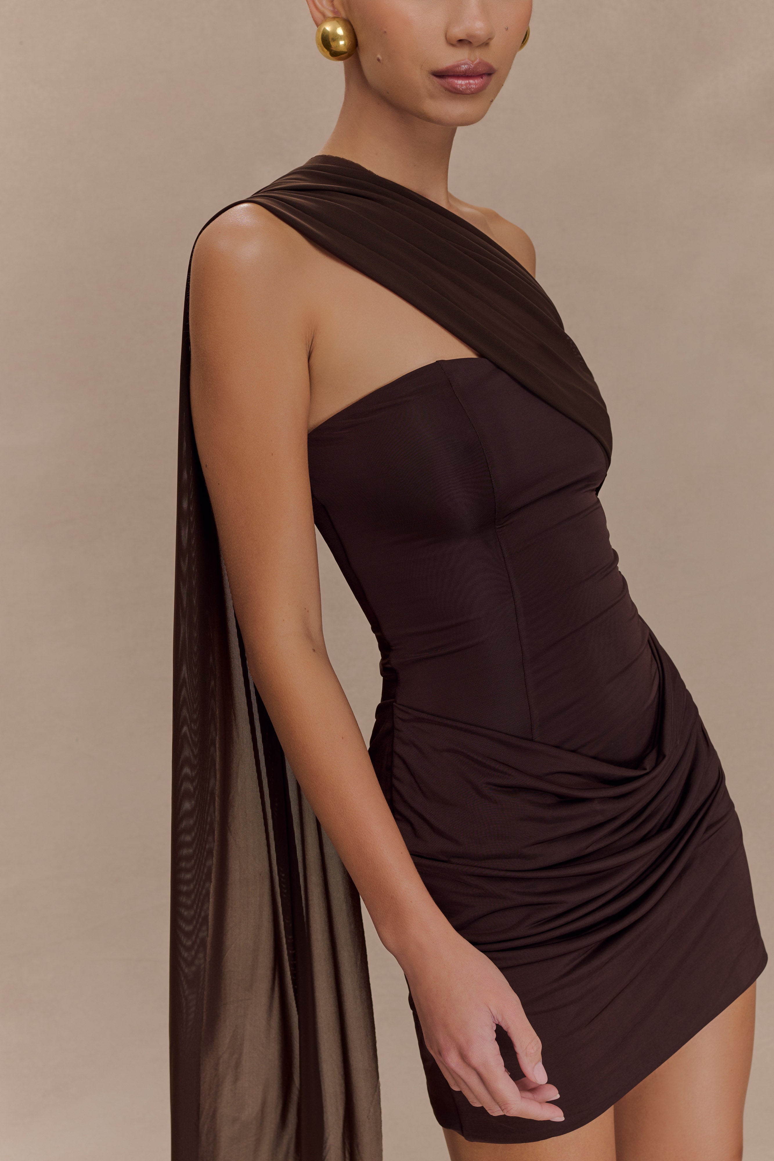 Mattea Slinky And Mesh Mini Dress With Scarf - Dark Chocolate - Image 3