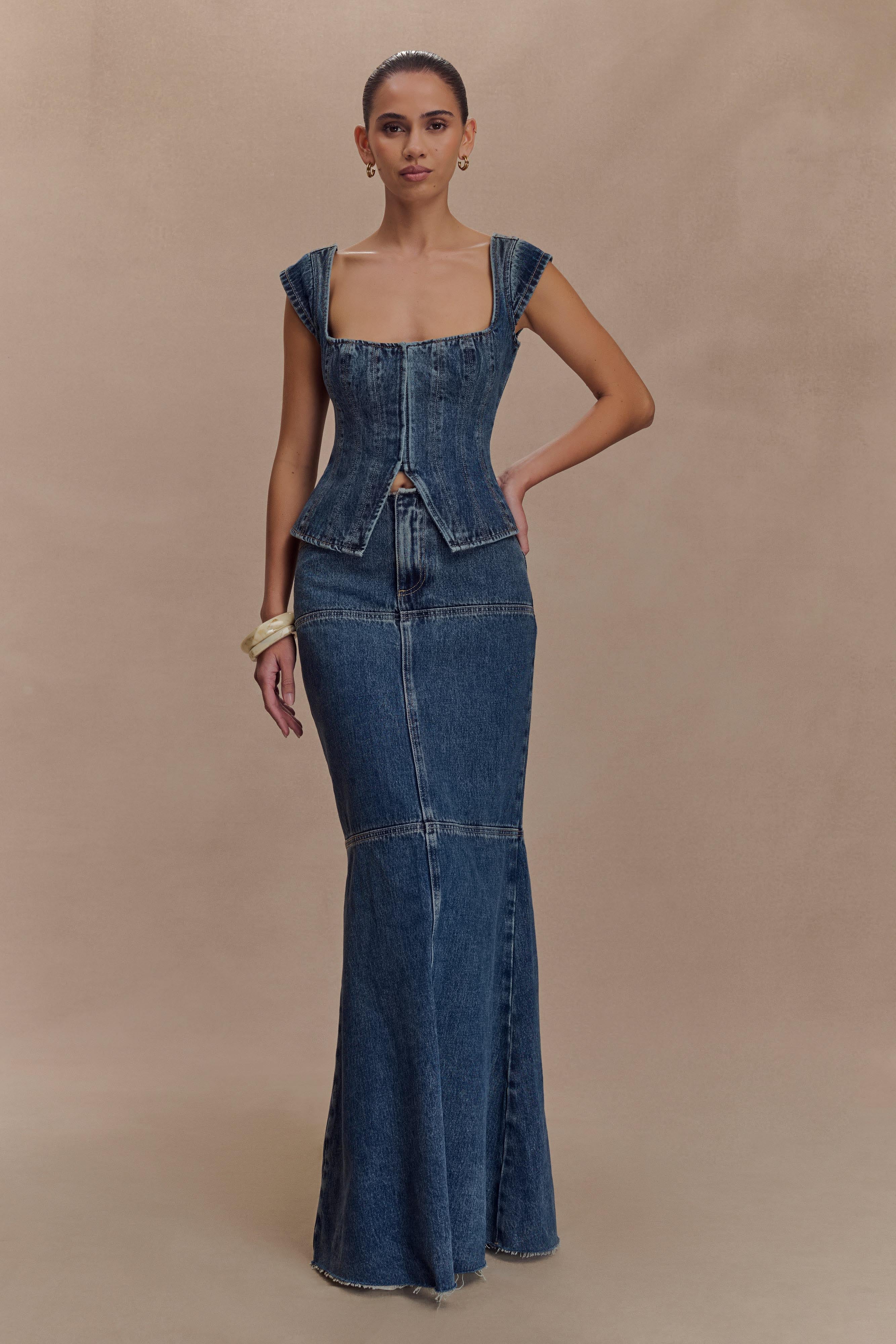 Loretta Cap Sleeve Denim Top - Washed Dark Blue - Image 6