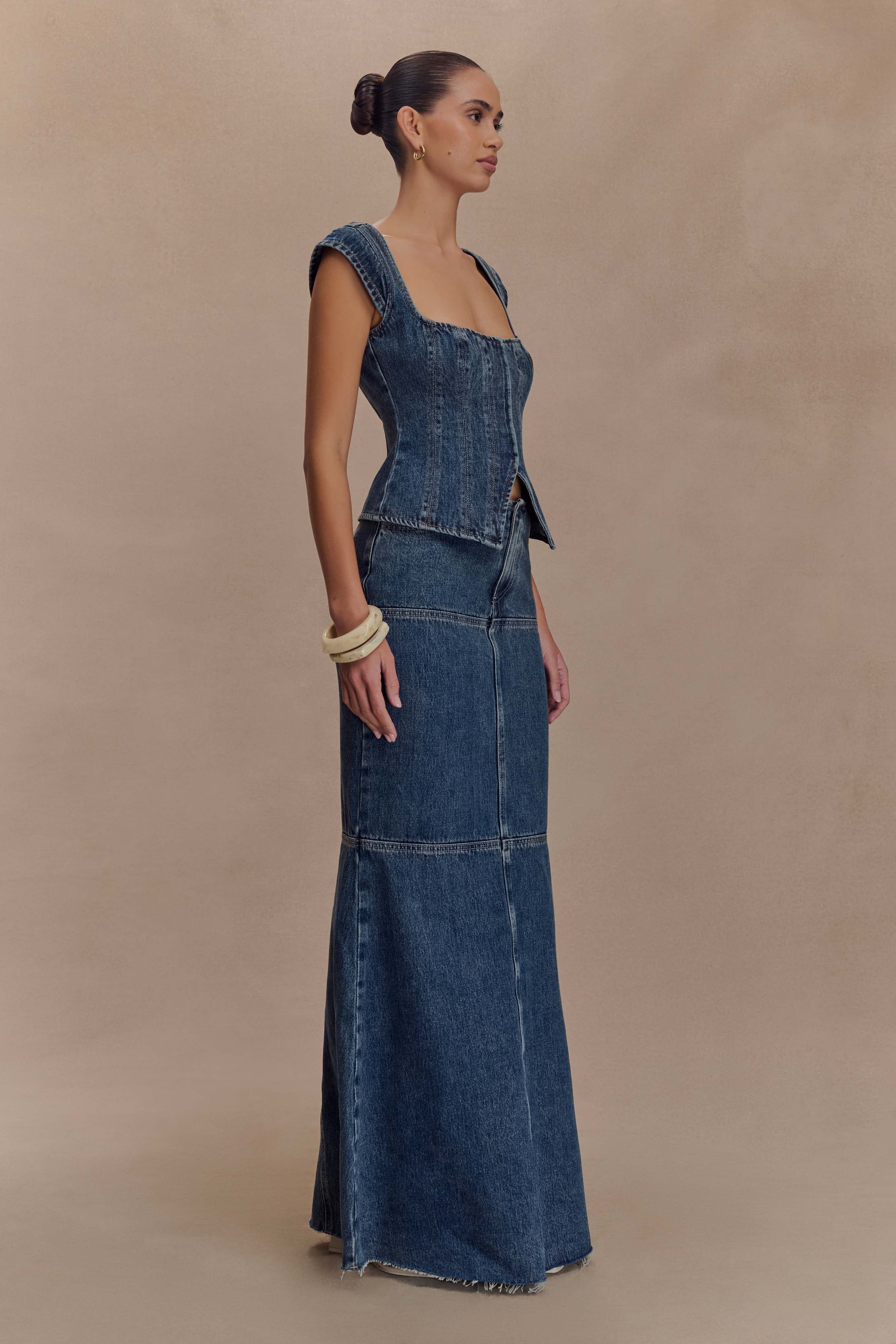 Loretta Cap Sleeve Denim Top - Washed Dark Blue - Image 4