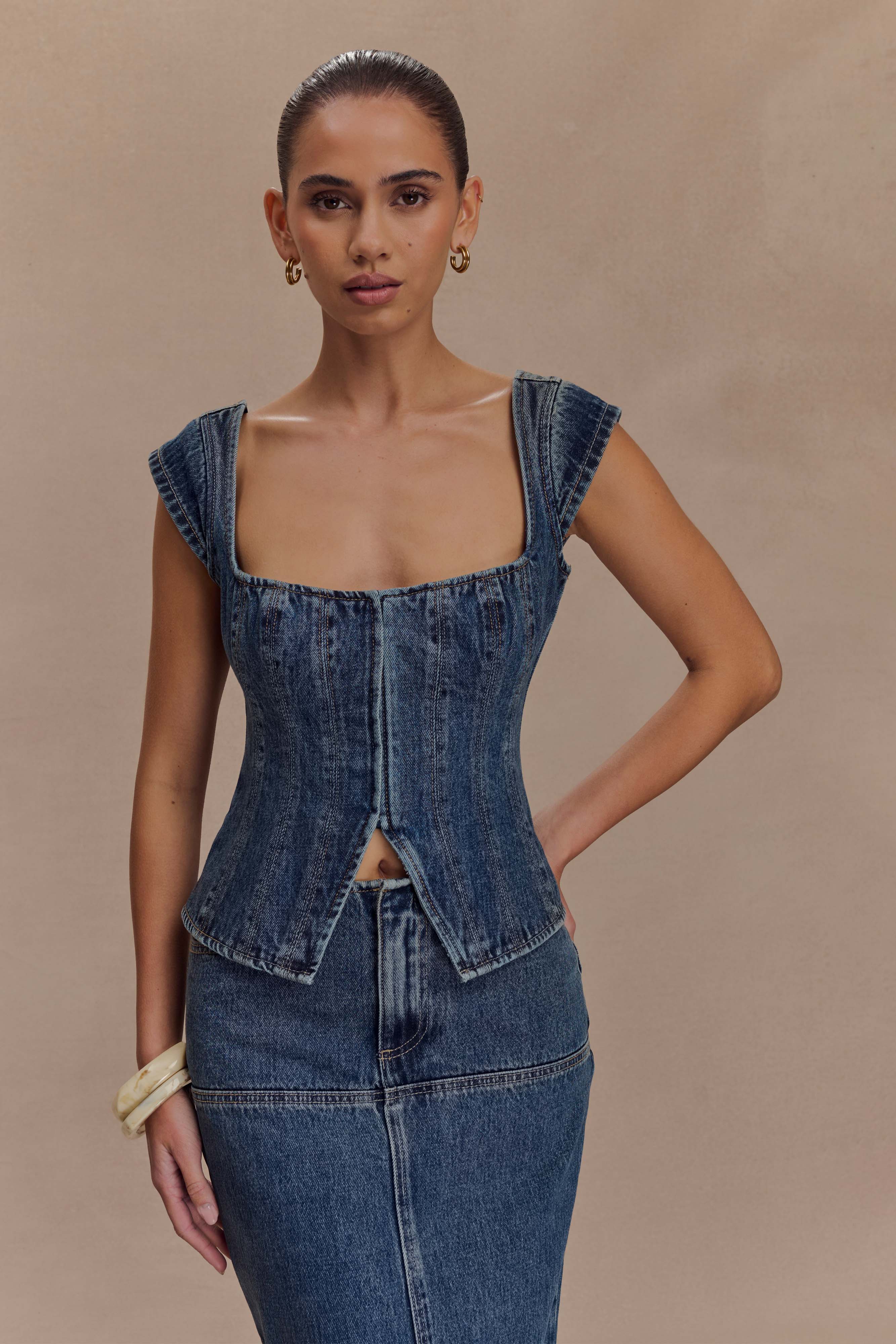 Alternative view of Loretta Cap Sleeve Denim Top - Washed Dark Blue
